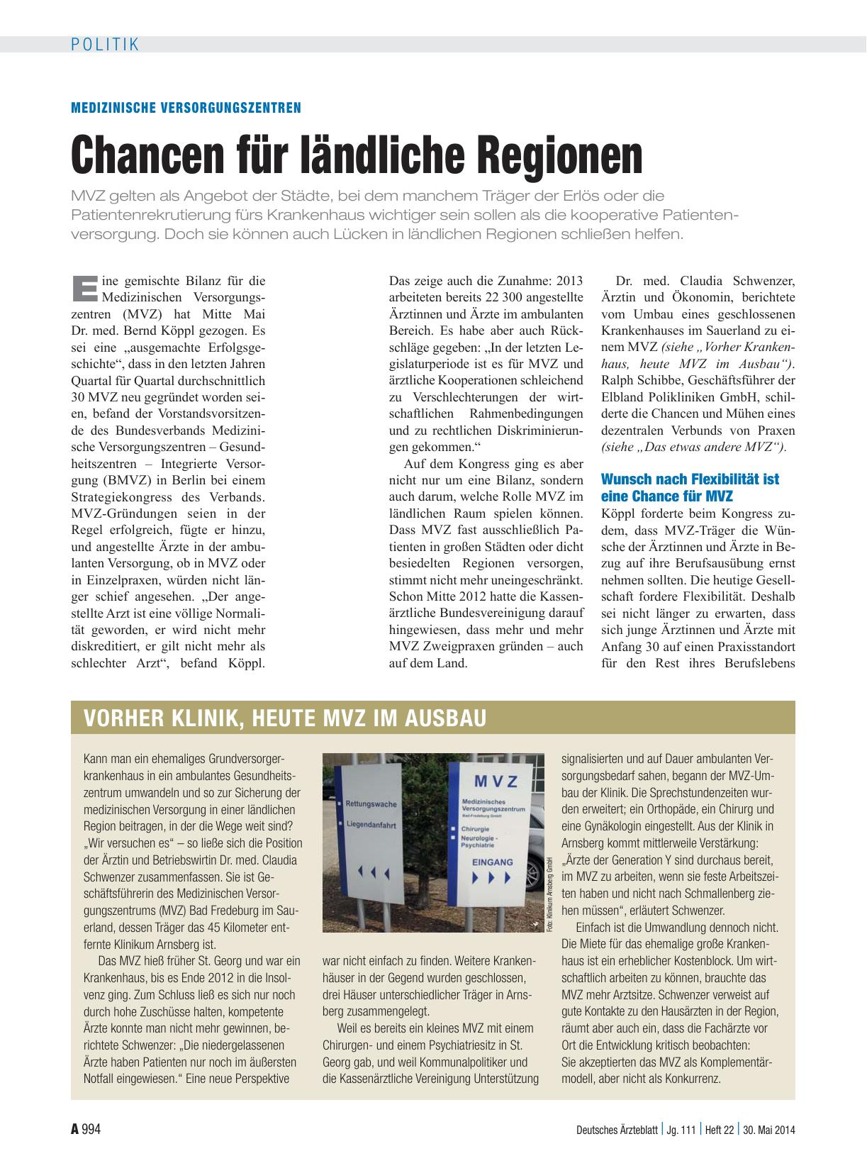 Vorschauseite 1: Medizinische Versorgungszentren: Chancen für ländliche Regionen