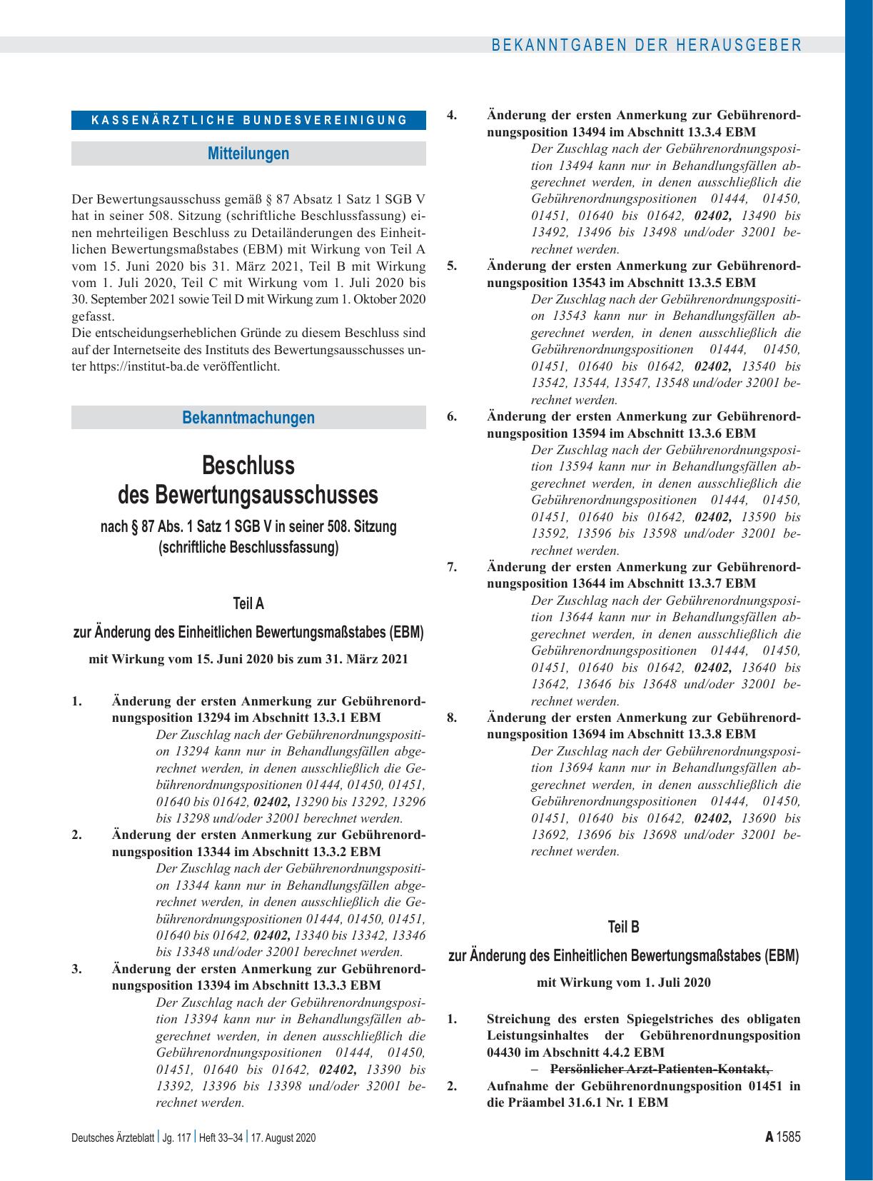 Vorschauseite 1: Beschluss des Bewertungsausschusses nach § 87 Abs. 1 Satz 1 SGB V in seiner 508. Sitzung (schriftliche Beschlussfassung)