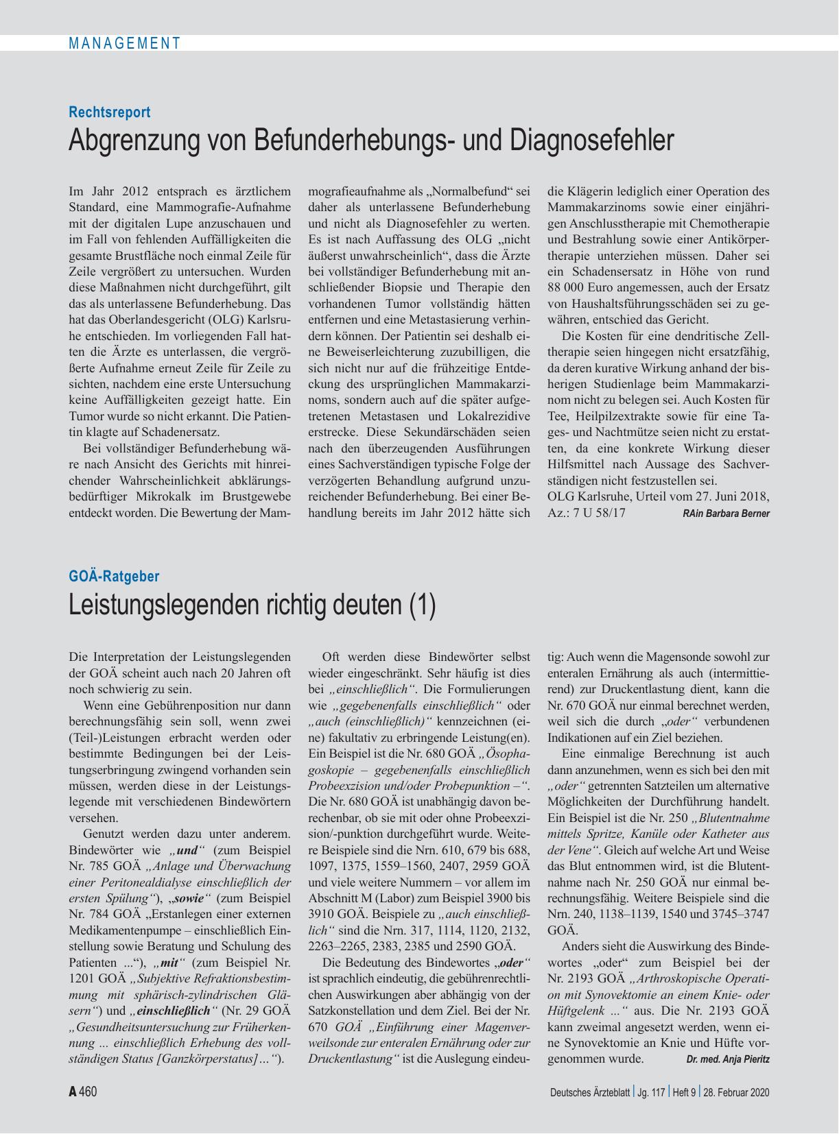 Vorschauseite 1: Rechtsreport: Abgrenzung von Befunderhebungsund Diagnosefehler