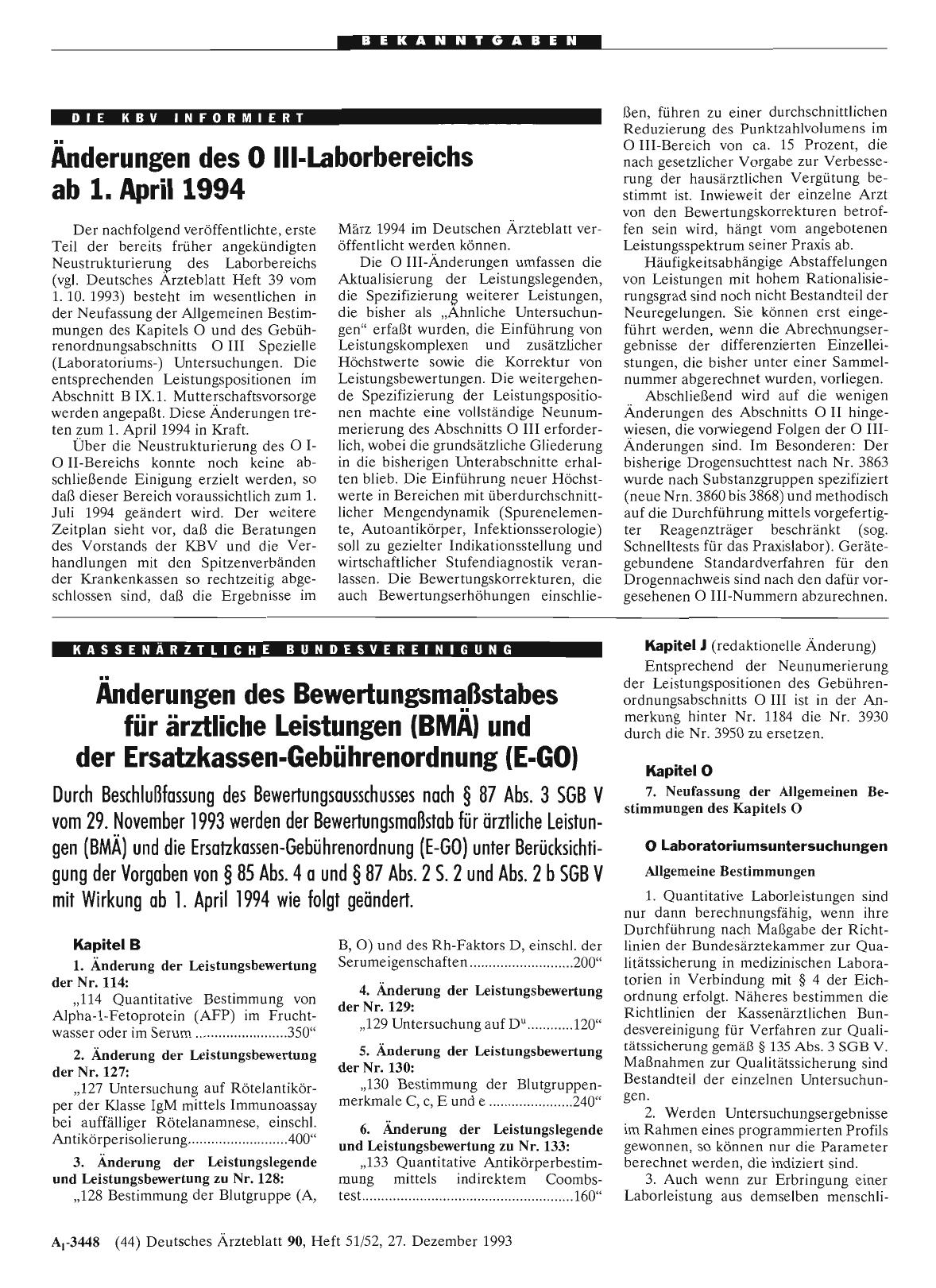 Vorschauseite 1: Änderungen des 0 III-Laborbereichs ab 1. April 1994