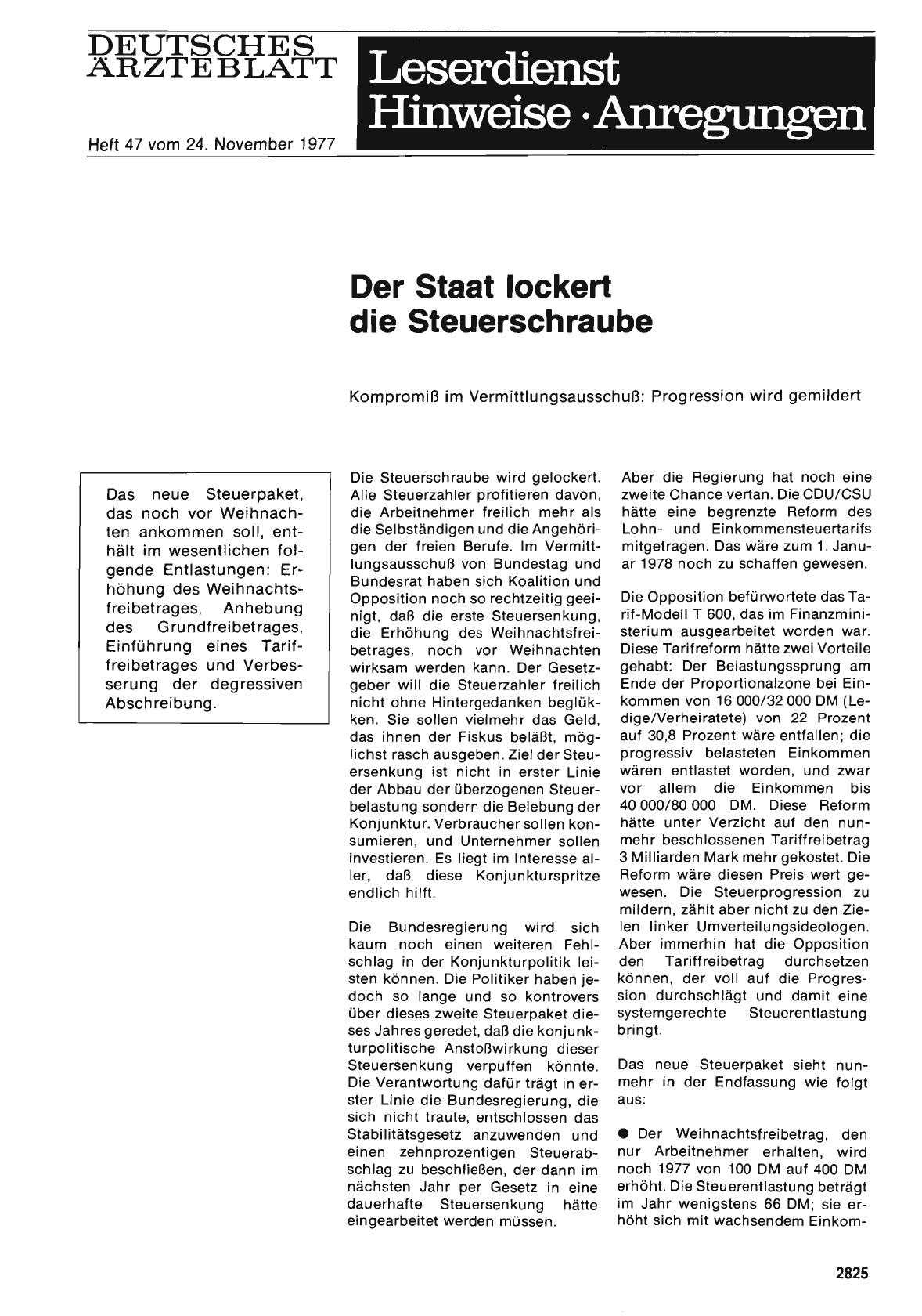 Vorschauseite 1: Der Staat lockert die Steuerschraube: Kompromiß im Vermittlungsausschuß: Progression wird gemildert