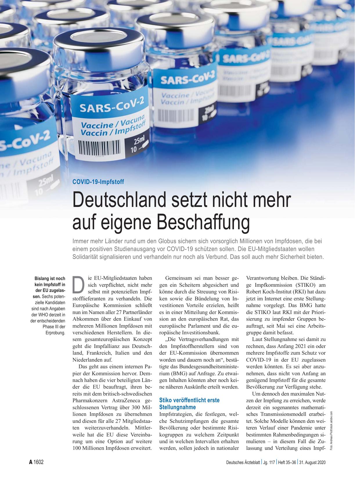 Vorschauseite 1: COVID-19-Impfstoff: Deutschland setzt nicht mehr auf eigene Beschaffung