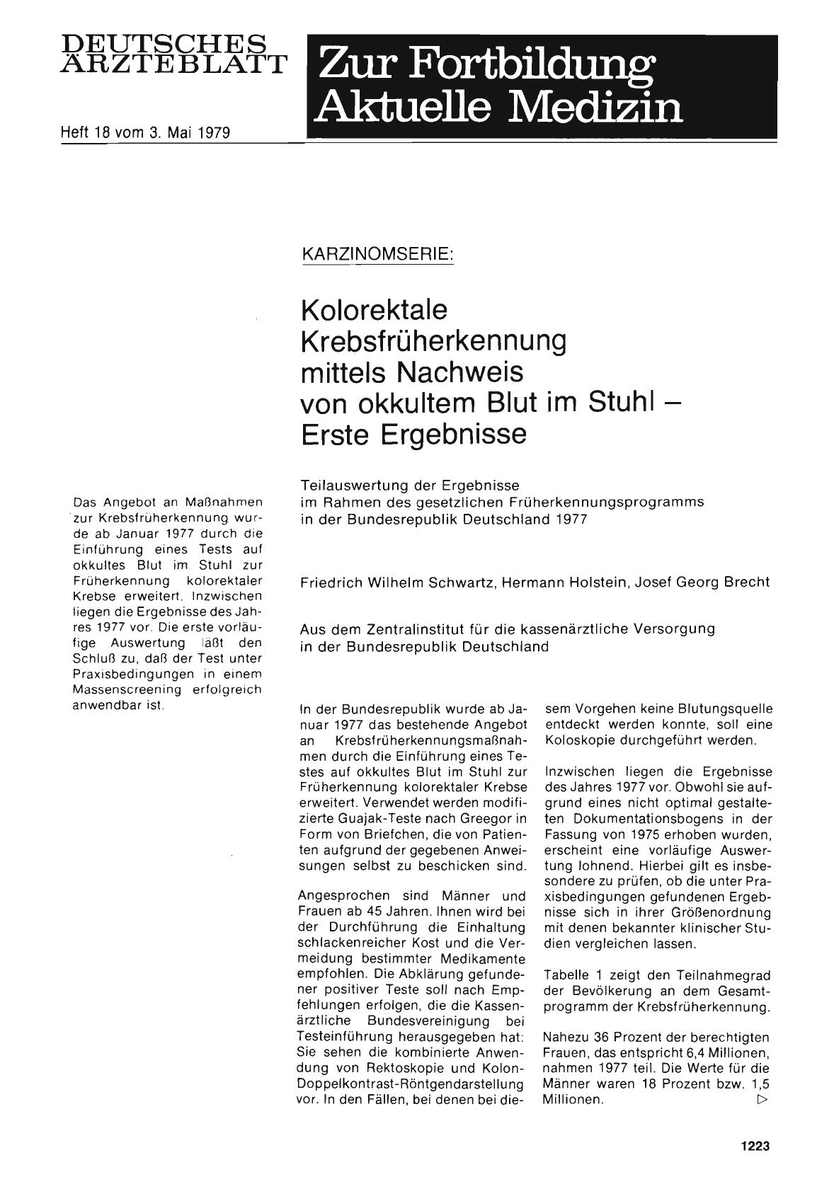 Vorschauseite 1: Karzinomserie: Kolorektale Krebsfrüherkennung mittels Nachweis von okkultem Blut im Stuhl — Erste Ergebnisse