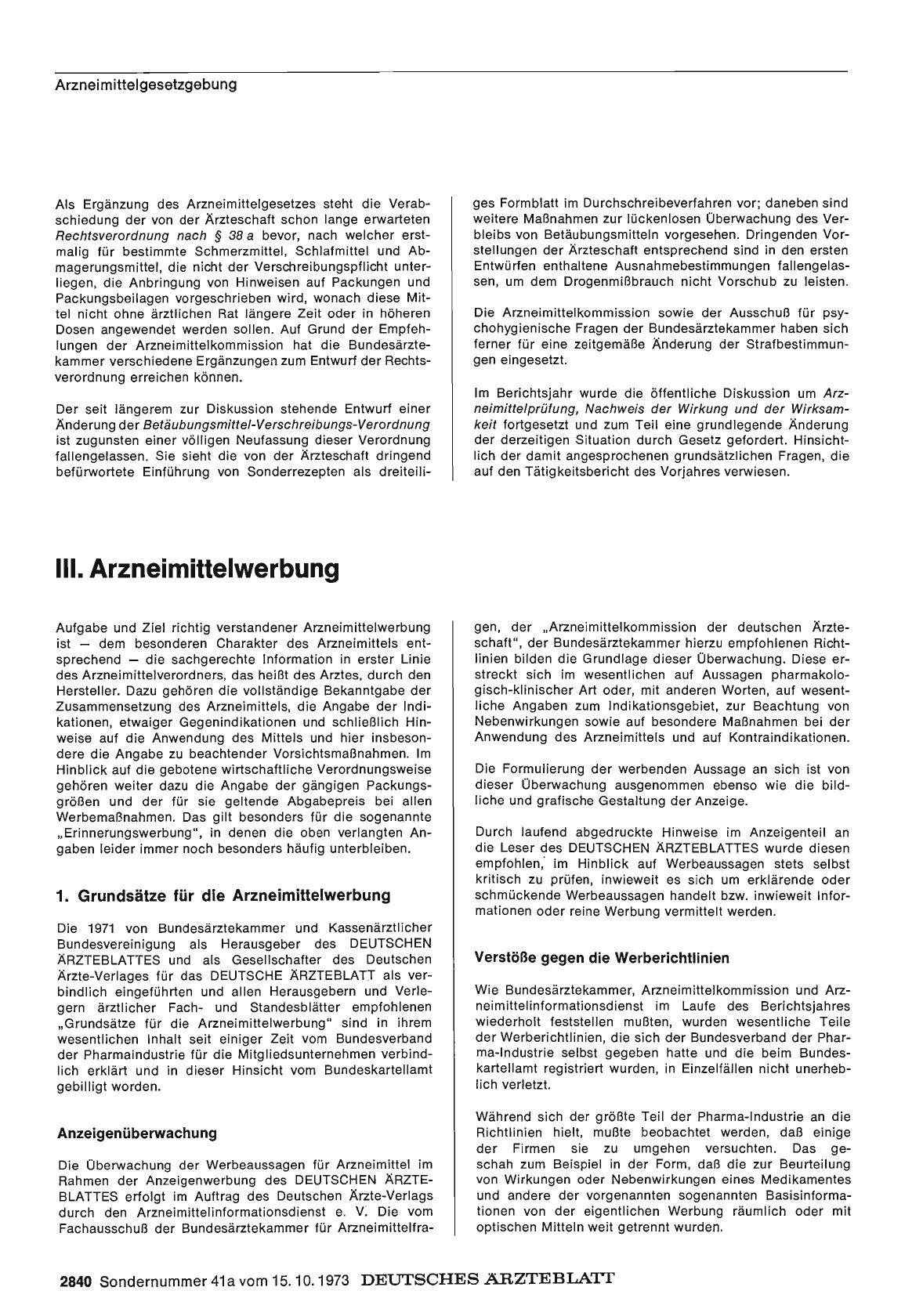 Vorschauseite 1: Bericht über das Jahr 1972/73: J. Arzneimittelwesen: III. Arzneimittelwerbung