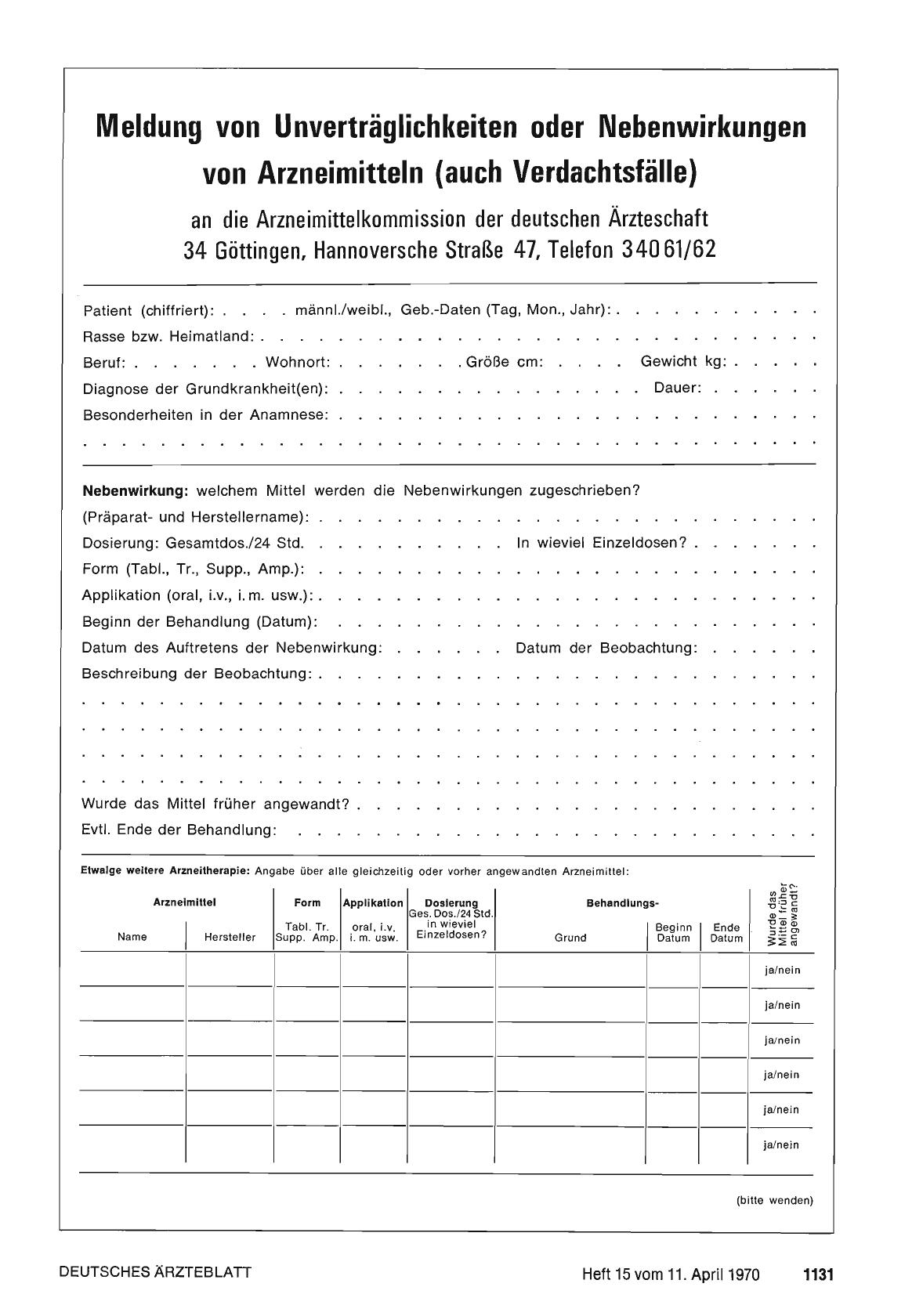 Vorschauseite 1: Meldung von Unverträglichkeiten oder Nebenwirkungen von Arzneimitteln