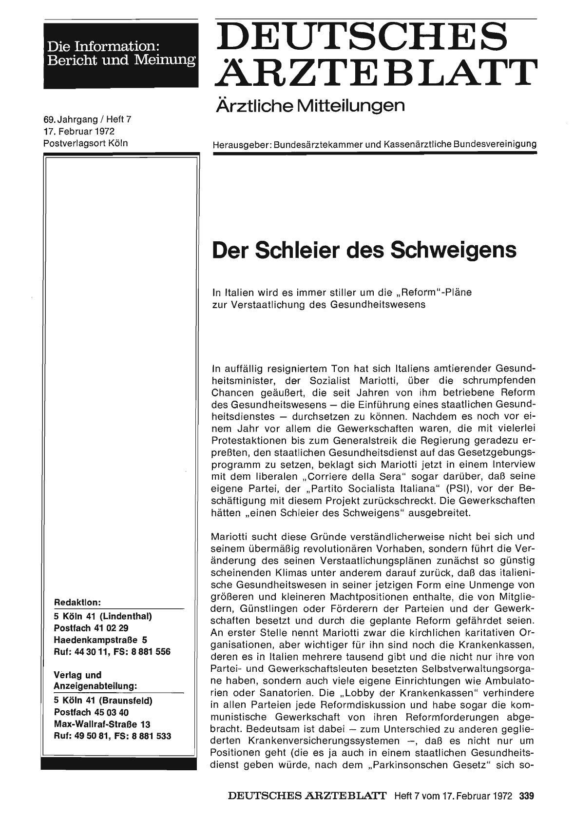Vorschauseite 1: Der Schleier des Schweigens: In Italien wird es immer stiller um die „Reform"-Pläne zur Verstaatlichung des Gesundheitswesens