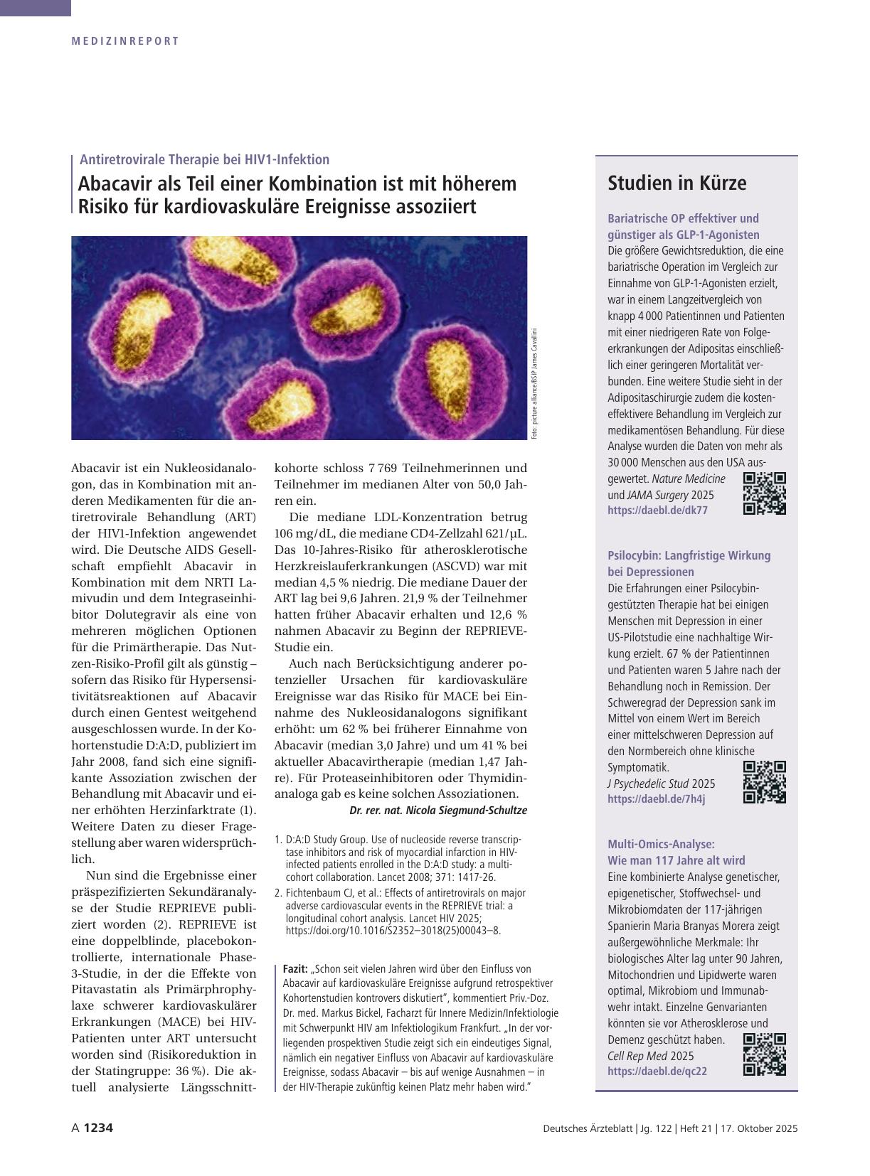 Vorschauseite 1: Antiretrovirale Therapie bei HIV1-Infektion: Abacavir als Teil einer Kombination ist mit höherem Risiko für kardiovaskuläre Ereignisse assoziiert