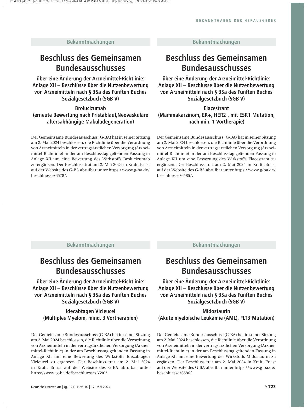 Vorschauseite 1: Beschluss des Gemeinsamen Bundesausschusses über eine Änderung der Arzneimittel-Richtlinie: Elacestrant (Mammakarzinom, ER+, HER2-, mit ESR1-Mutation, nach min. 1 Vortherapie)