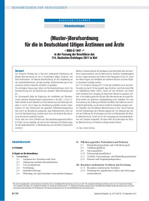 Vorschauseite 1: (Muster-)Berufsordnung für die in Deutschland tätigen Ärztinnen und Ärzte – MBO-Ä 1997 – * in der Fassung der Beschlüsse des 114. Deutschen Ärztetages 2011 in Kiel