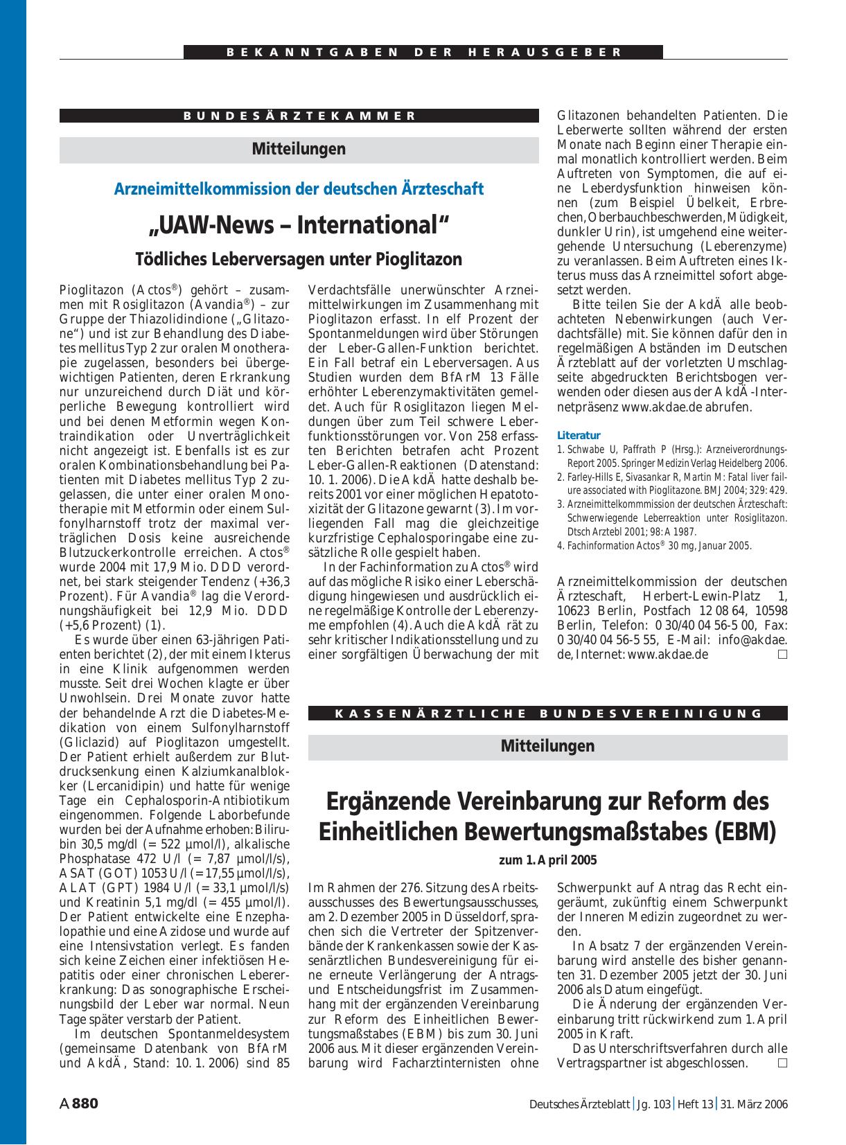 Vorschauseite 1: Mitteilungen: Ergänzende Vereinbarung zur Reform des Einheitlichen Bewertungsmaßstabes (EBM) zum 1. April 2005
