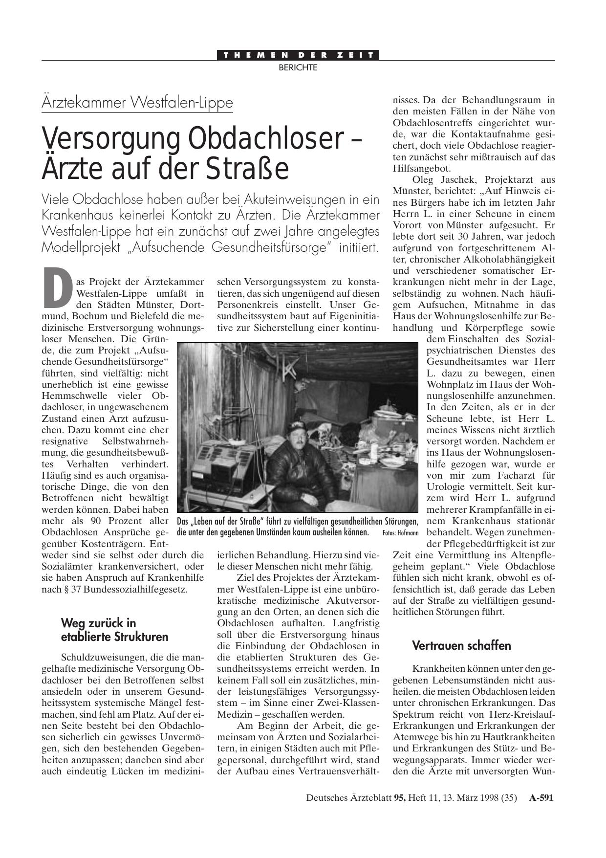 Vorschauseite 1: Ärztekammer Westfalen-Lippe: Versorgung Obdachloser - Ärzte auf der Straße