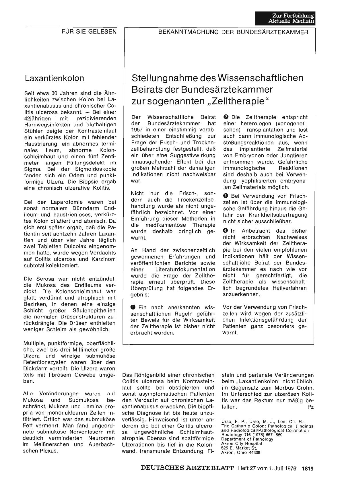 Vorschauseite 1: Stellungnahme des Wissenschaftlichen Beirats der Bundesärztekammer zur sogenannten „Zelltherapie“