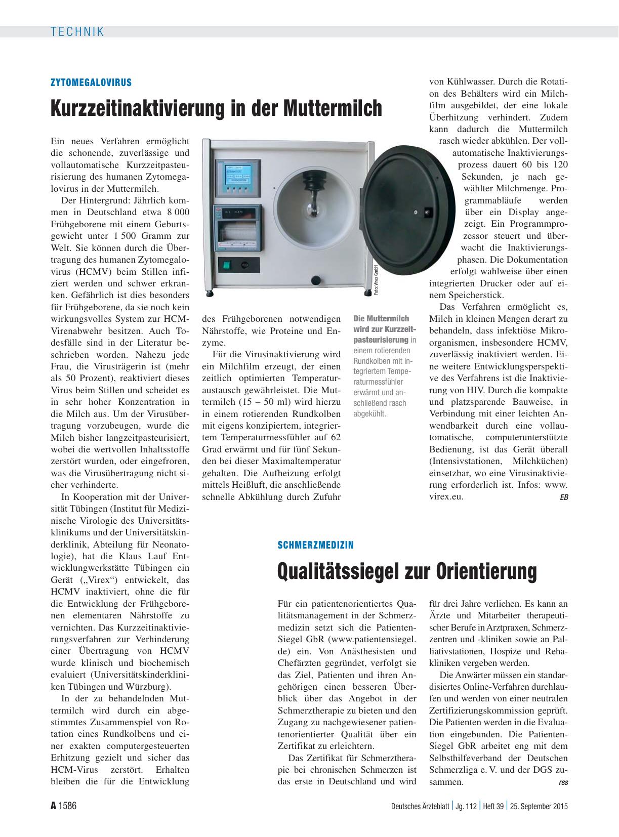 Vorschauseite 1: Zytomegalovirus: Kurzzeitinaktivierung in der Muttermilch