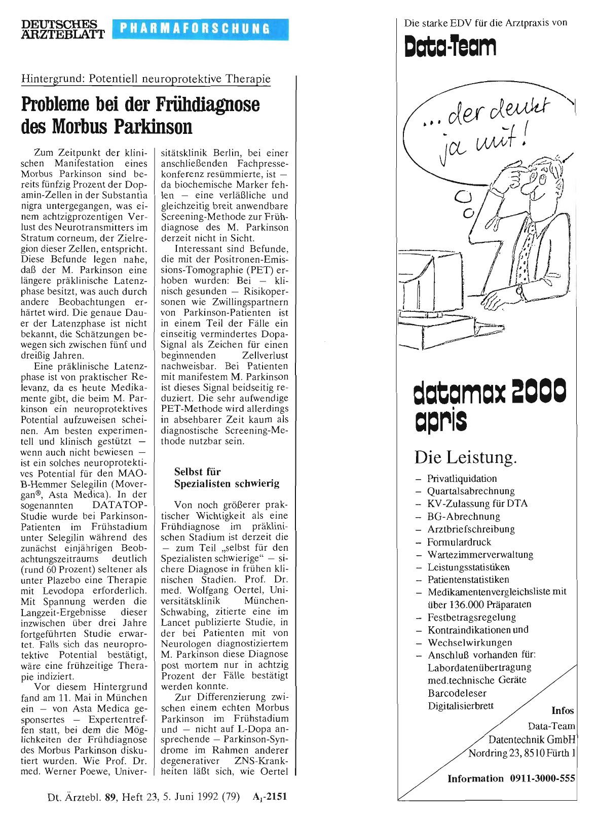 Vorschauseite 1: Hintergrund: Potentiell neuroprotektive Therapie Probleme bei der Frühdiagnose des Morbus Parkinson