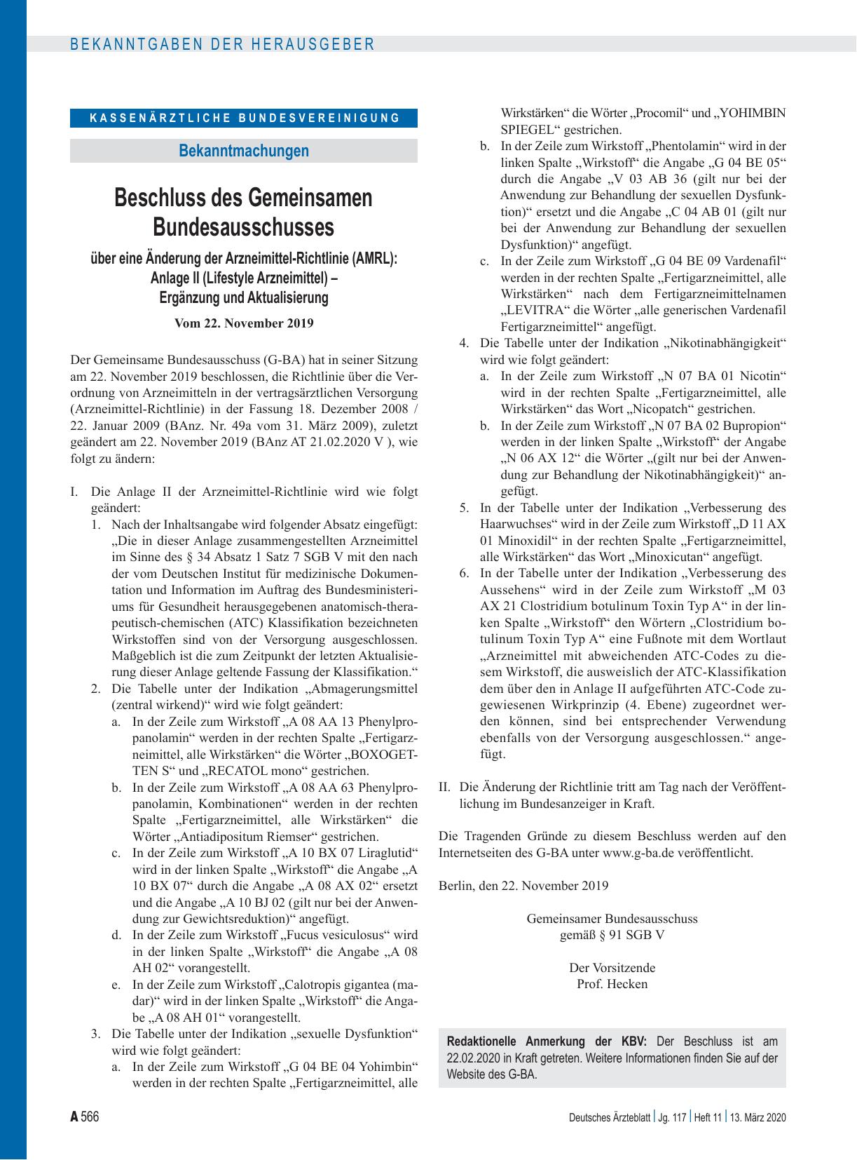 Vorschauseite 1: Beschluss des Gemeinsamen Bundesausschusses über eine Änderung der Arzneimittel-Richtlinie (AMRL): Anlage II (Lifestyle Arzneimittel) – Ergänzung und Aktualisierung