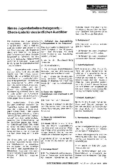Vorschauseite 1: Neues Jugendarbeitsschutzgesetz - Check-Liste für den ärztlichen Ausbilder