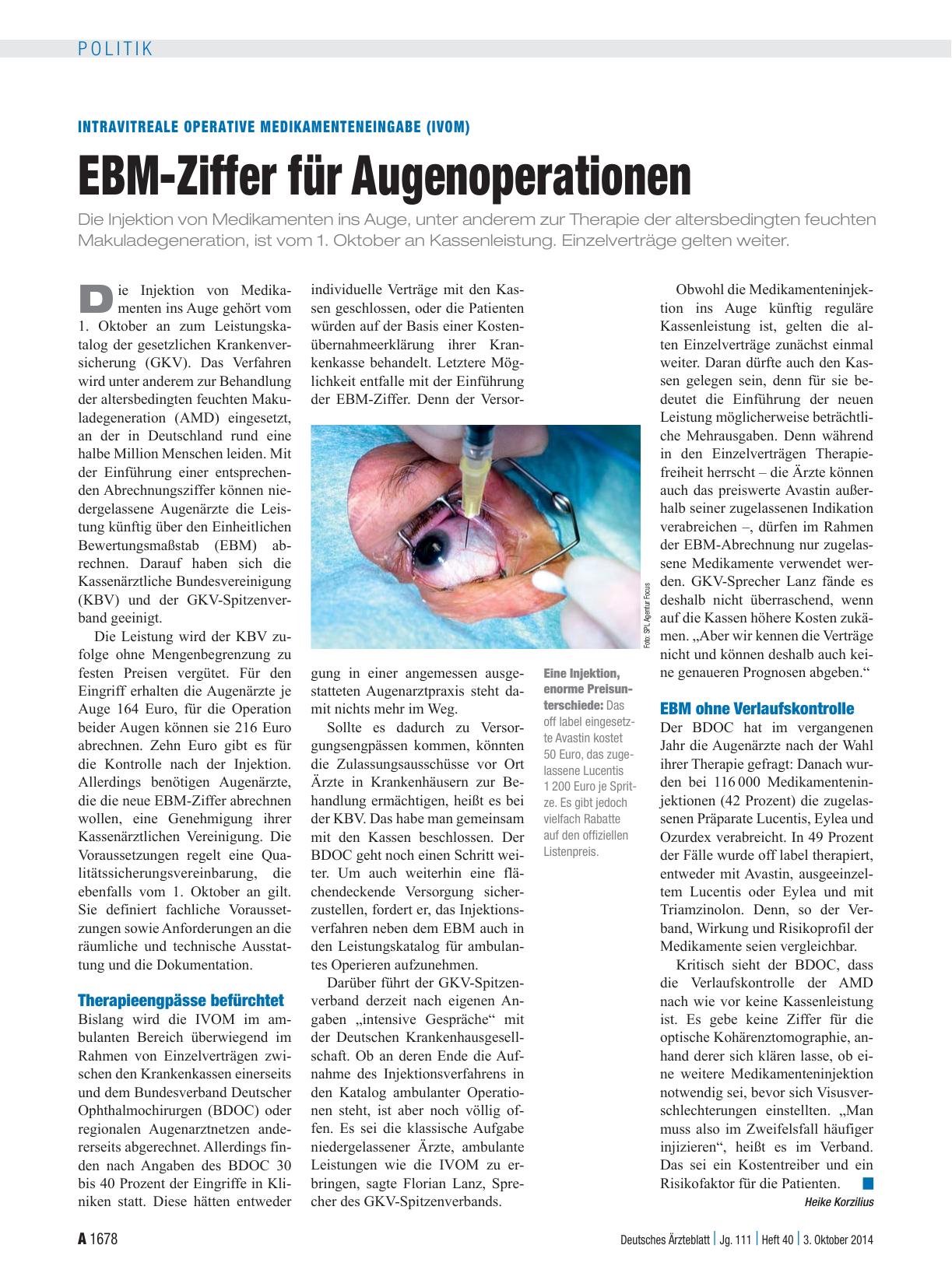 Vorschauseite 1: Intravitreale operative Medikamenteneingabe (IVOM): EBM-Ziffer für Augenoperationen