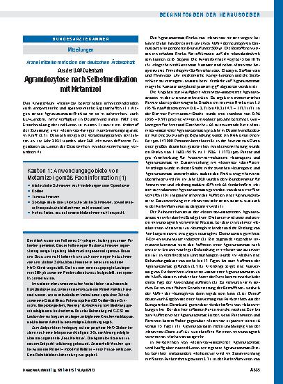Vorschauseite 1: Arzneimittelkommission der deutschen Ärzteschaft: Aus der UAW-Datenbank Agranulozytose nach Selbstmedikation mit Metamizol