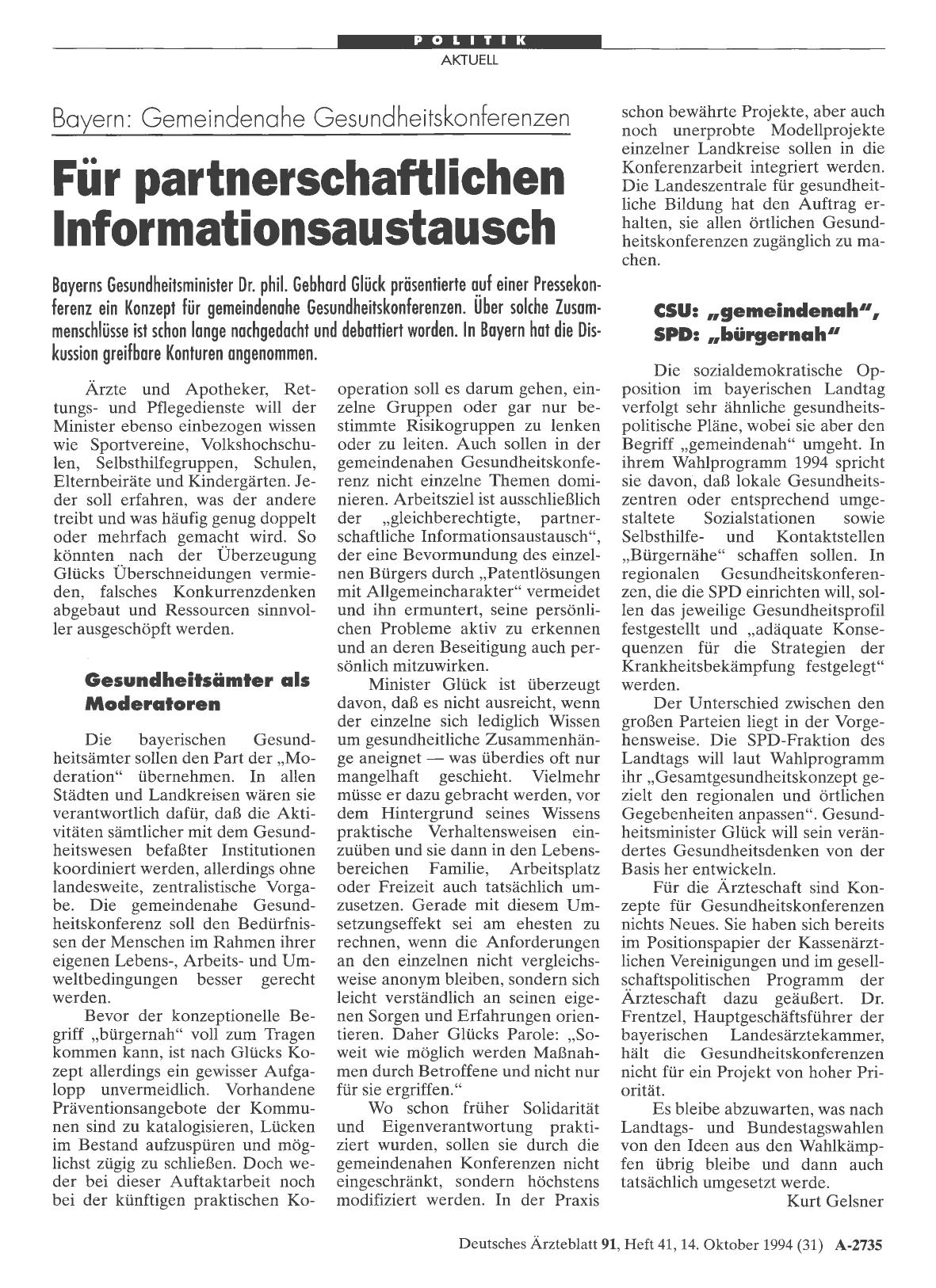 Vorschauseite 1: Bayern: Gemeindenahe Gesundheitskonferenzen: Für partnerschaftlichen Informationsaustausch
