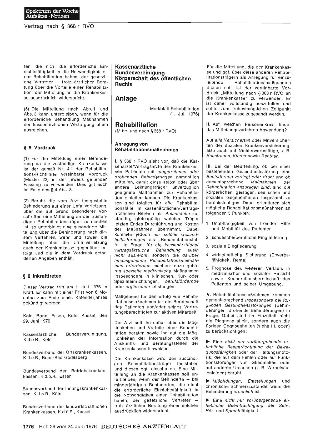 Vorschauseite 1: Kassenärztliche Bundesvereinigung Körperschaft des öffentlichen Rechts: Anlage Merkblatt Rehabilitation (1. Juli 1976) Rehabilitation (Mitteilung nach § 368 r RVO) Anregung von Re…