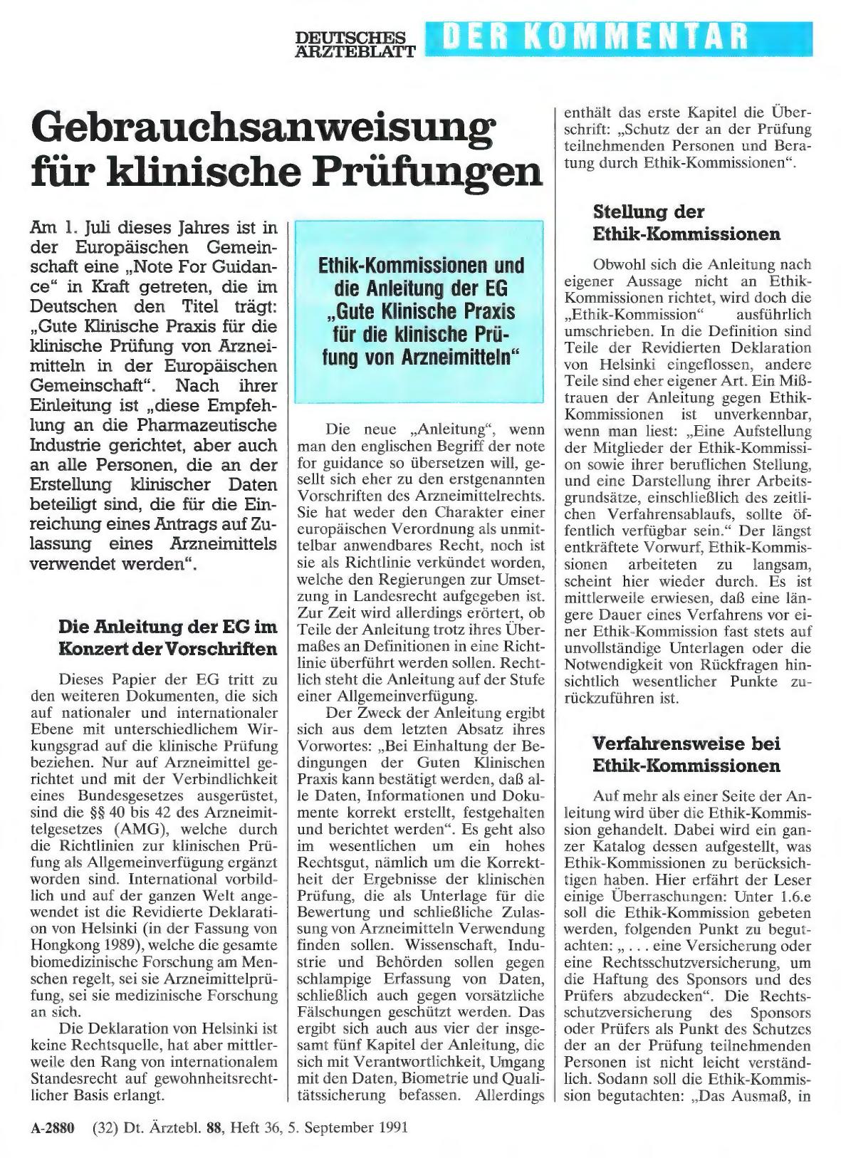 Vorschauseite 1: Gebrauchsanweisung für klinische Prüfungen: Ethik-Kommissionen und die Anleitung der EG „Gute Klinische Praxis für die klinische Prüfung von Arzneimitteln“