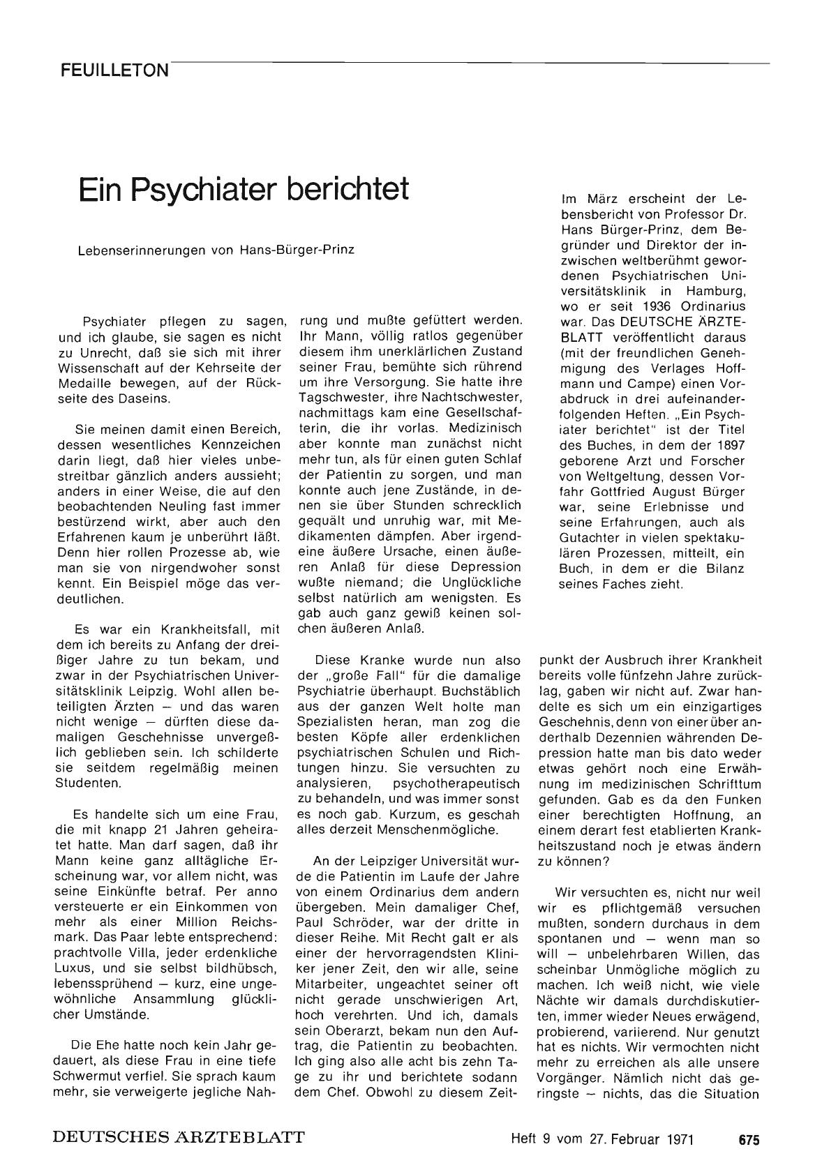 Vorschauseite 1: Ein Psychiater berichtet: Lebenserinnerungen von Hans-Bürger-Prinz