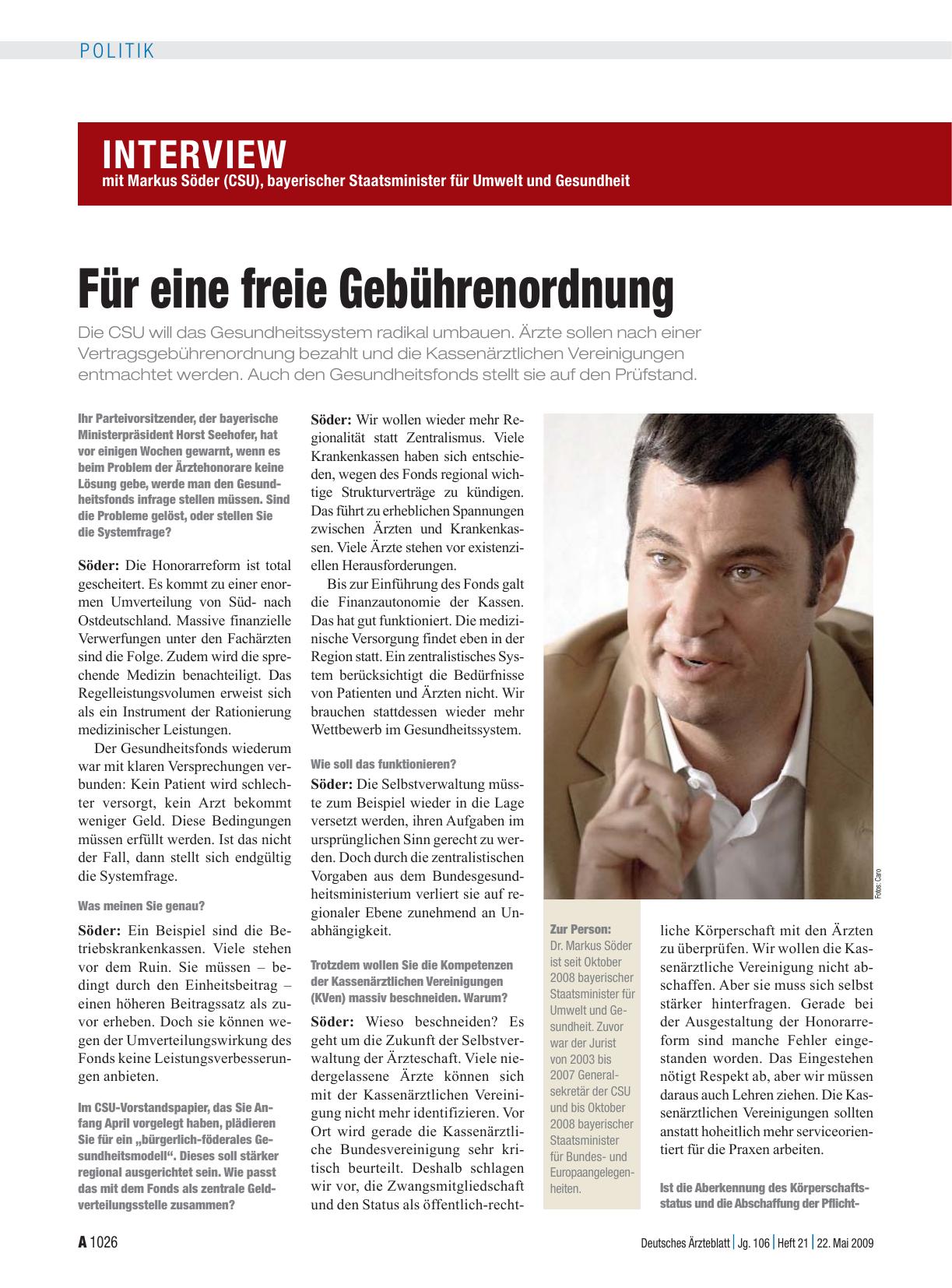 Vorschauseite 1: Interview mit Markus Söder (CSU), bayerischer Staatsminister für Umwelt und Gesundheit: Für eine freie Gebührenordnung