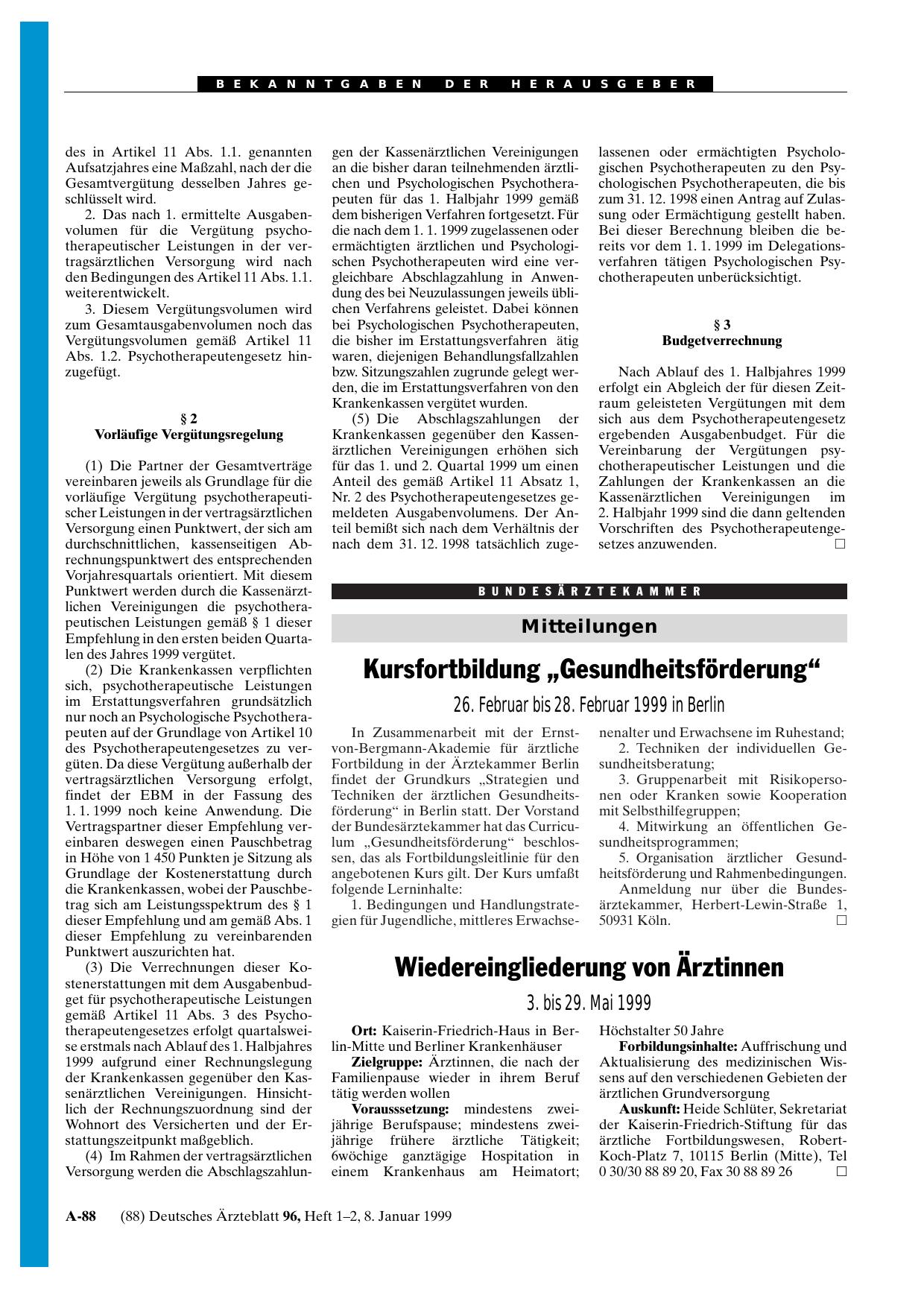 Vorschauseite 1: Wiedereingliederung von Ärztinnen: 3. bis 29. Mai 1999