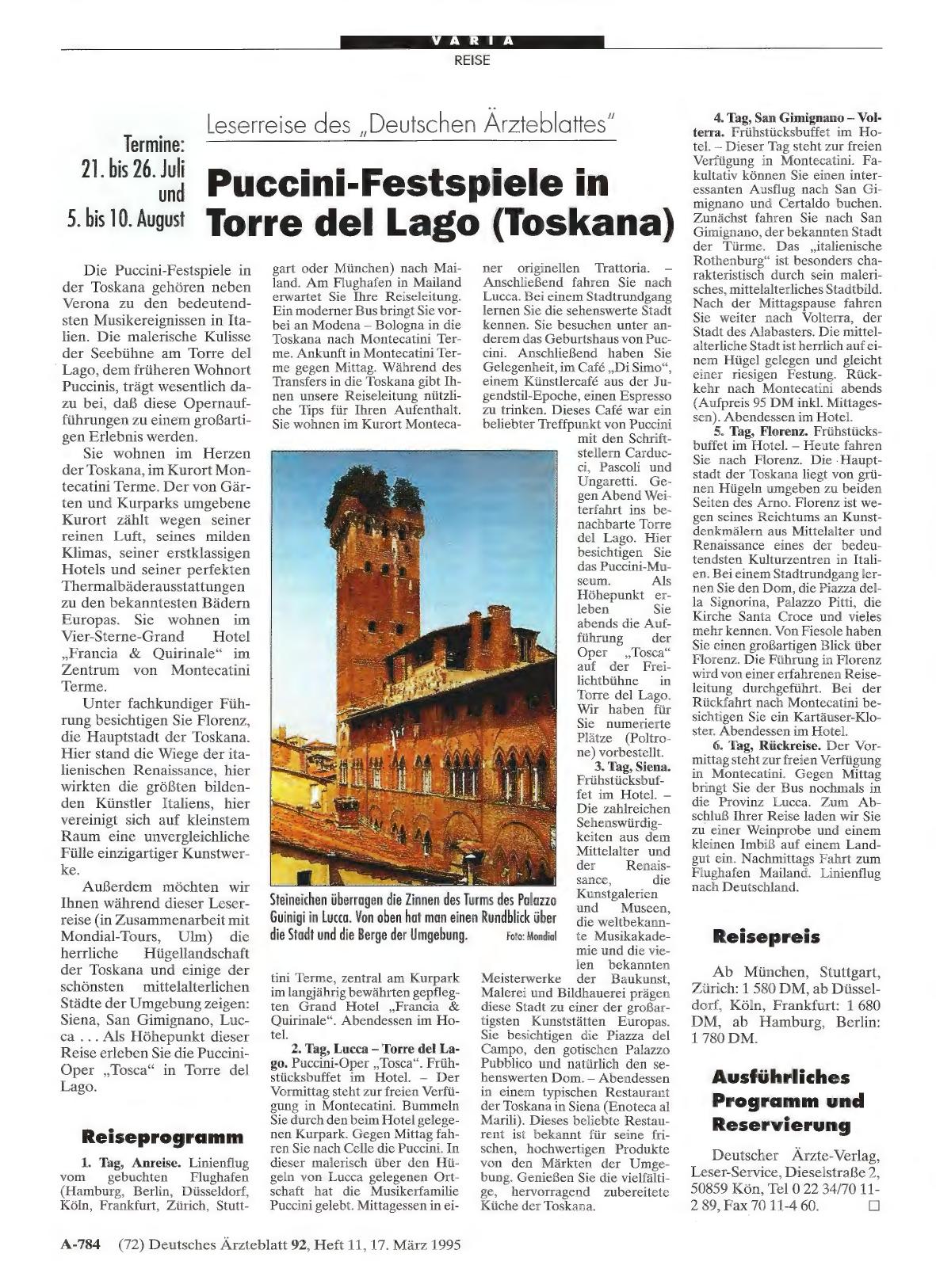 Vorschauseite 1: Leserreise des „Deutschen Ärzteblattes“: Puccini-Festspiele in Torre del Lago (Toskana)