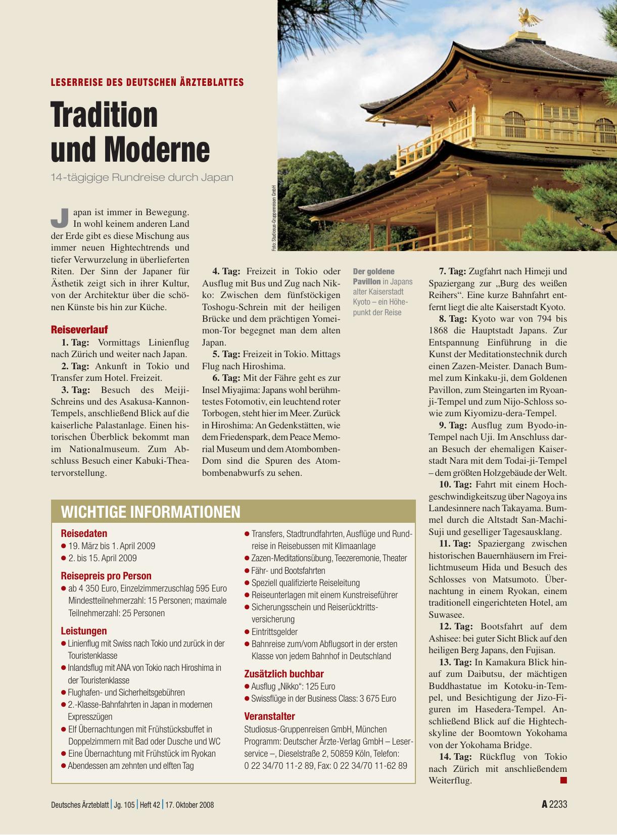 Vorschauseite 1: Leserreise des Deutschen Ärzteblattes: Tradition und Moderne