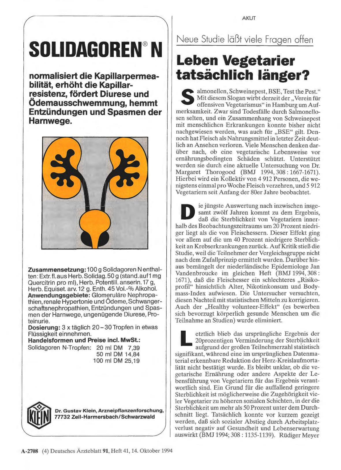 Vorschauseite 1: Neue Studie läßt viele Fragen offen: Leben Vegetarier tatsächlich länger?