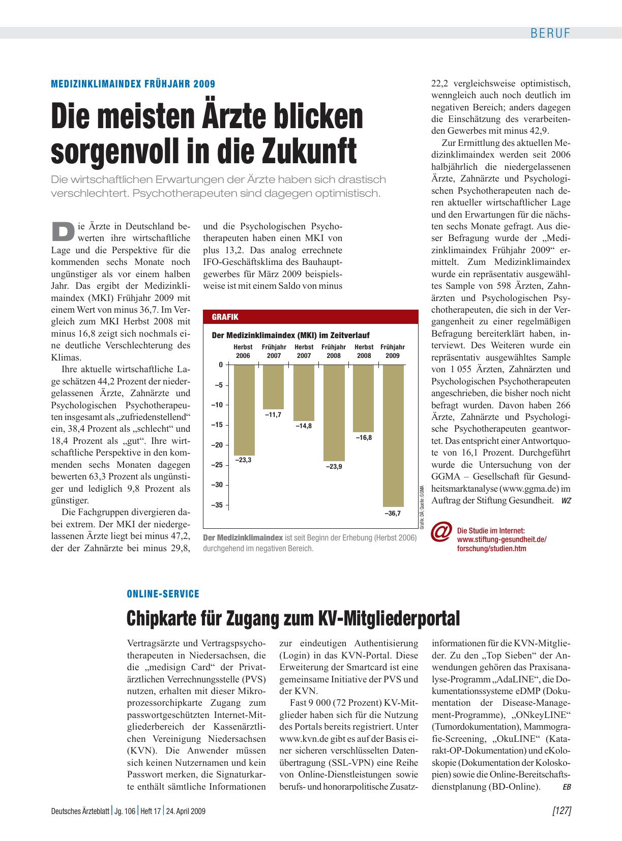 Vorschauseite 1: Medizinklimaindex Frühjahr 2009: Die meisten Ärzte blicken sorgenvoll in die Zukunft