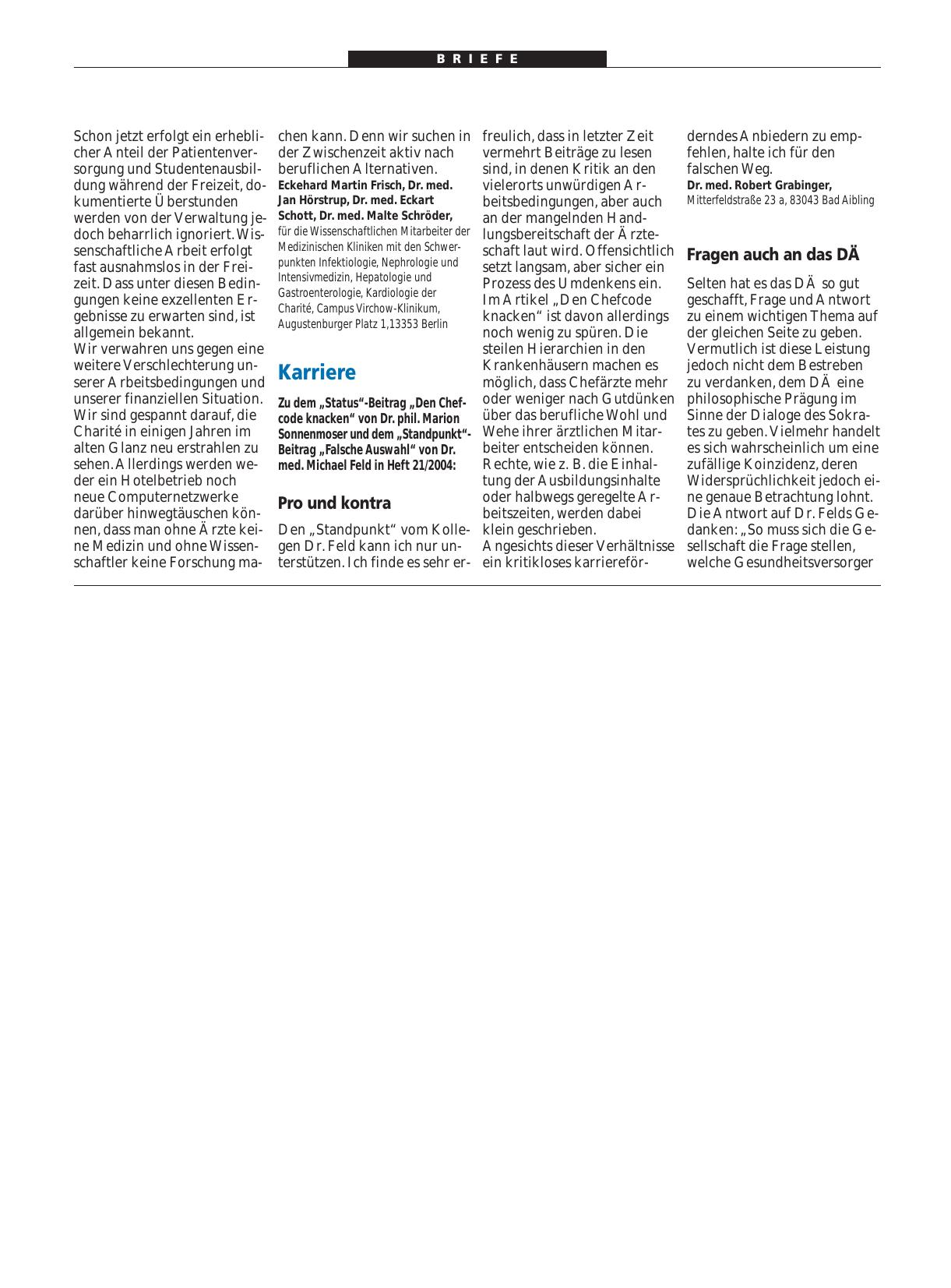 Vorschauseite 1: Karriere: Fragen auch an das DÄ