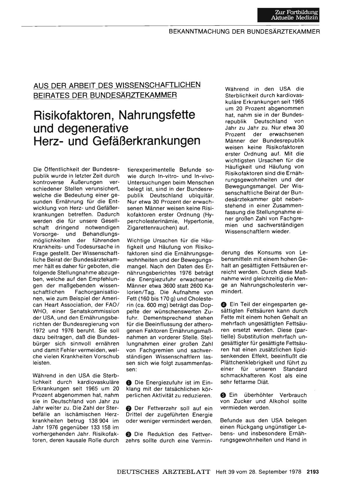 Vorschauseite 1: AUS DER ARBEIT DES WISSENSCHAFTLICHEN BEIRATES DER BUNDESÄRZTEKAMMER: Risikofaktoren, Nahrungsfette und degenerative Herzund Gefäßerkrankungen