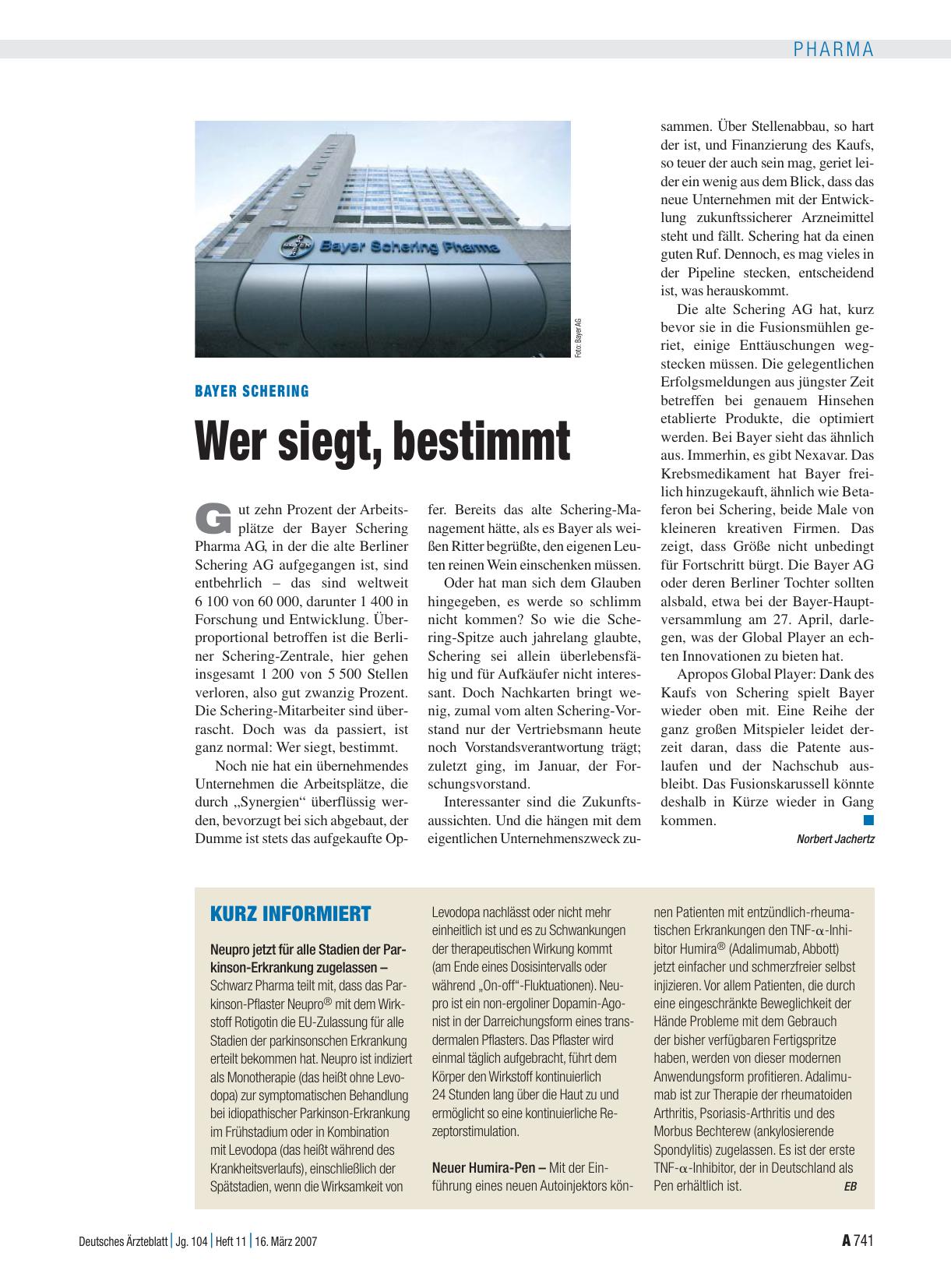 Vorschauseite 1: Bayer Schering: Wer siegt, bestimmt