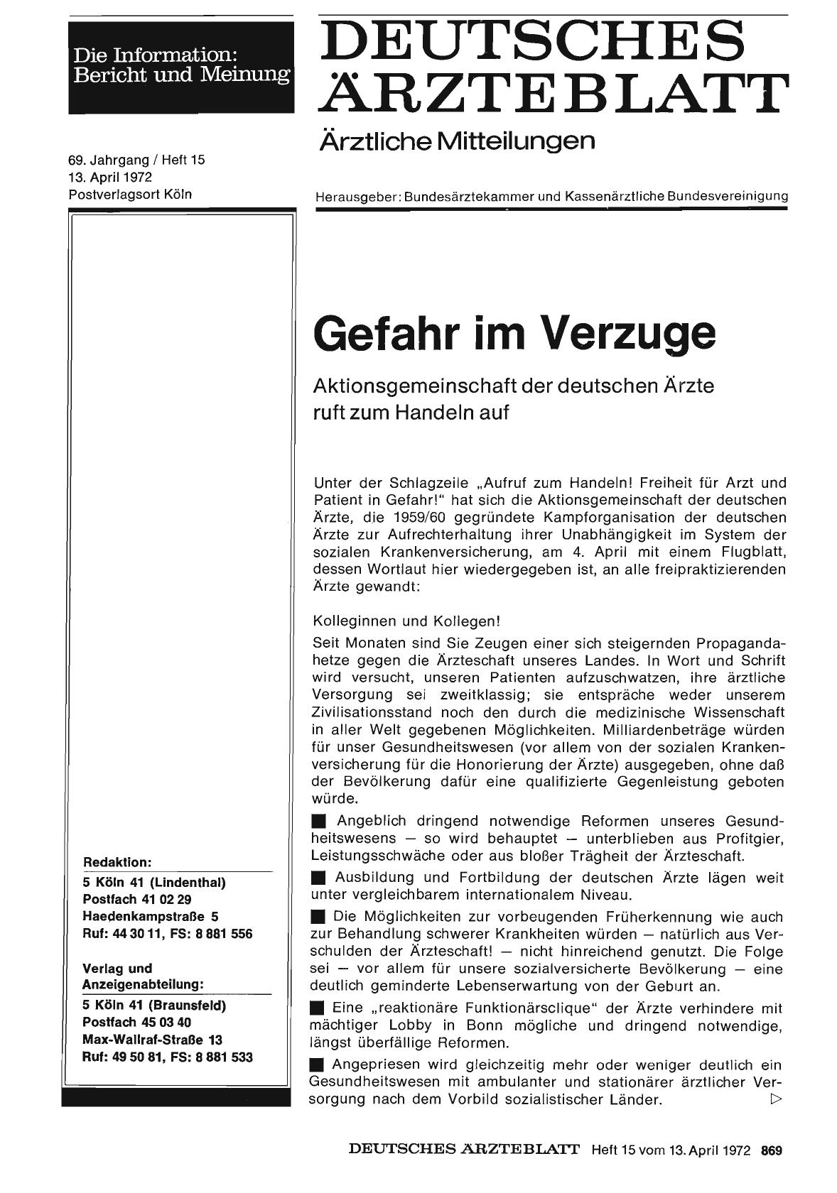 Vorschauseite 1: Gefahr im Verzuge: Aktionsgemeinschaft der deutschen Arzte ruft zum Handeln auf