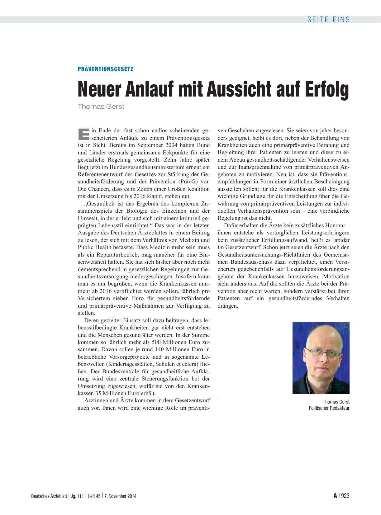 Vorschauseite 1: Präventionsgesetz: Neuer Anlauf mit Aussicht auf Erfolg