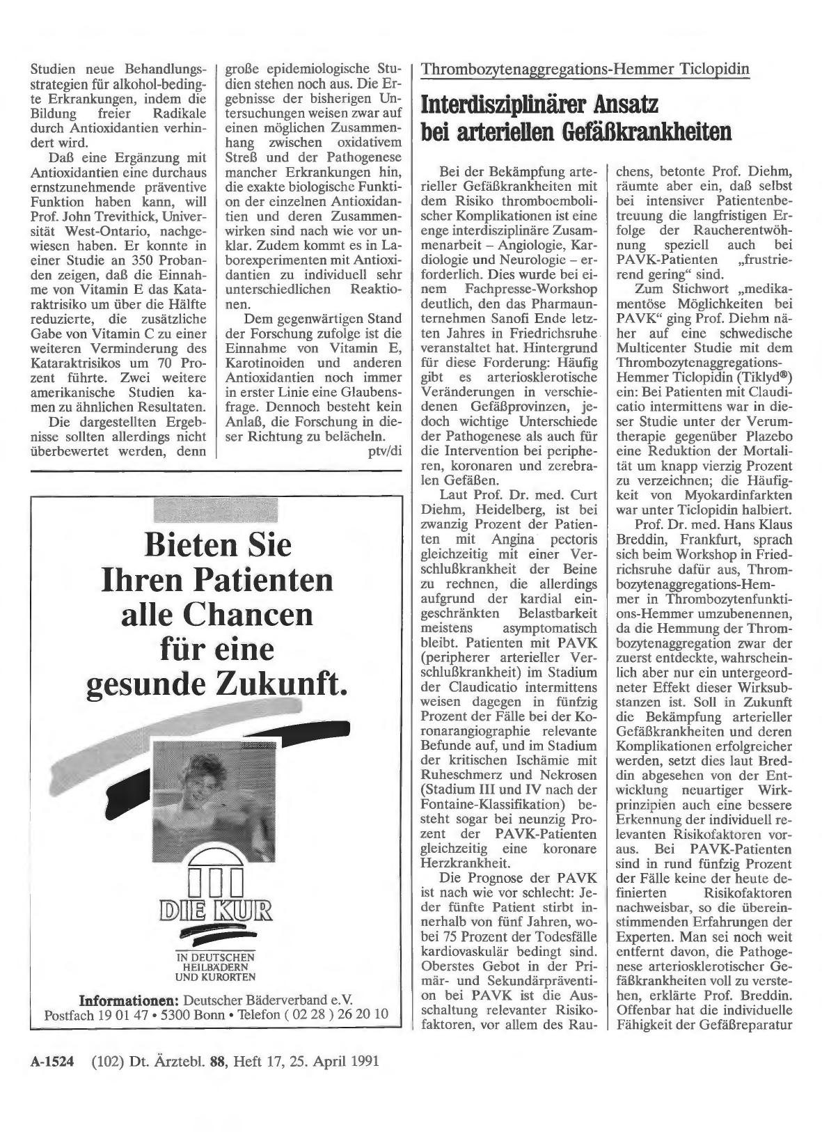 Vorschauseite 1: Thrombozytenaggregations-Hemmer Ticlopidin: Interdisziplinärer Ansatz bei arteriellen Gefäßkrankheiten