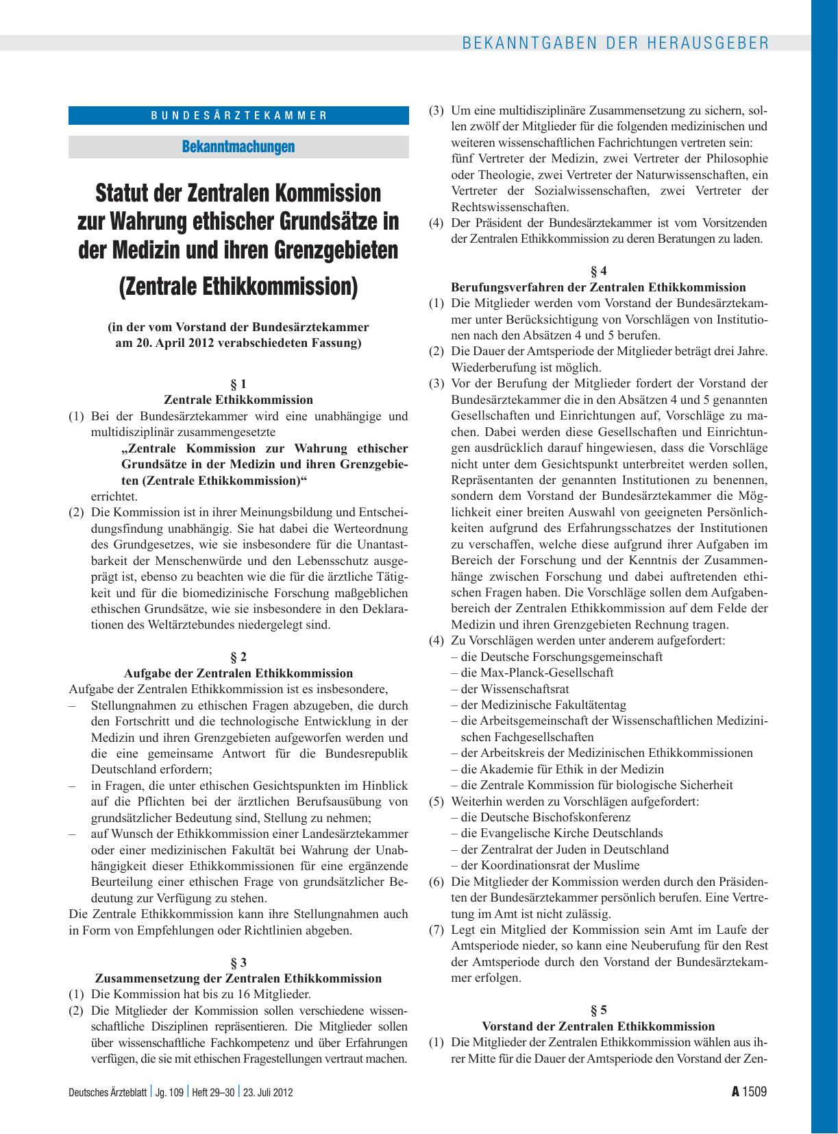 Vorschauseite 1: Statut der Zentralen Kommission zur Wahrung ethischer Grundsätze in der Medizin und ihren Grenzgebieten (Zentrale Ethikkommission)