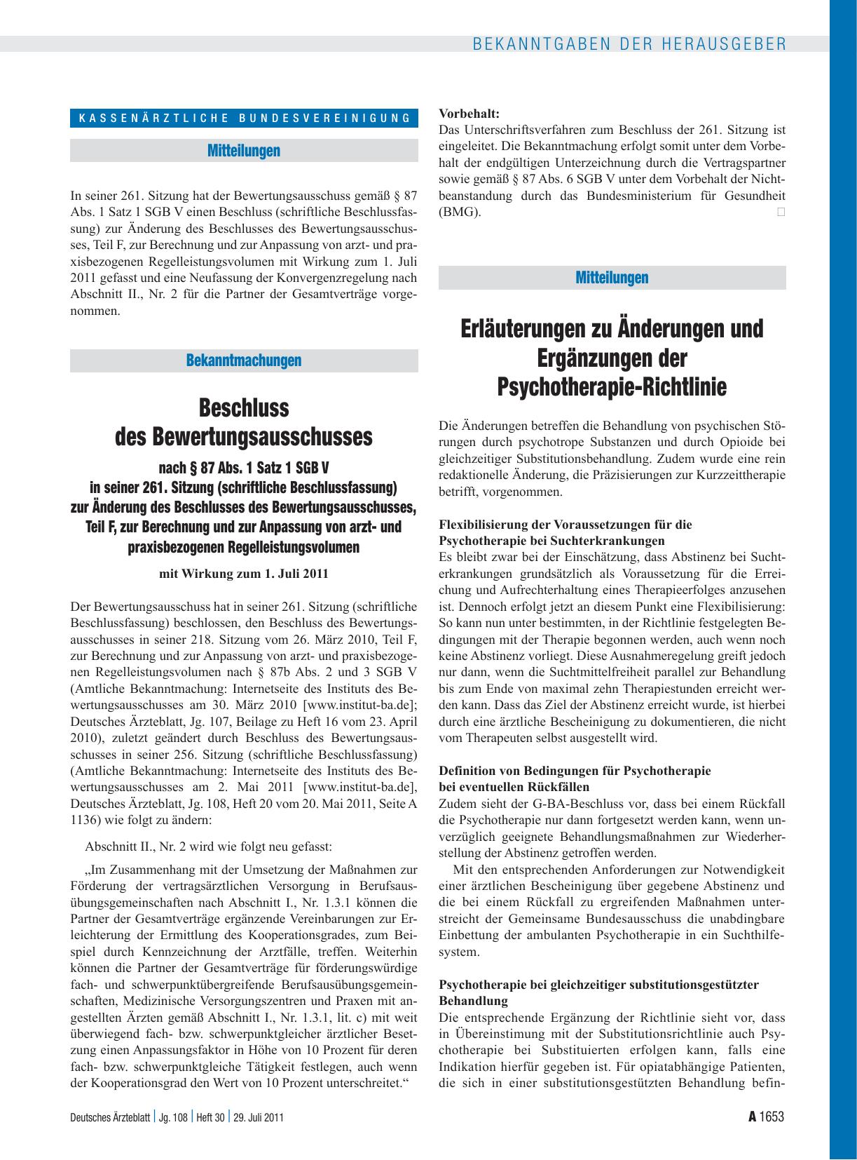 Vorschauseite 1: Beschluss des Bewertungsausschusses nach § 87 Abs. 1 Satz 1 SGB V in seiner 261. Sitzung (schriftliche Beschlussfassung) zur Änderung des Beschlusses des Bewertungsausschusses, Te…