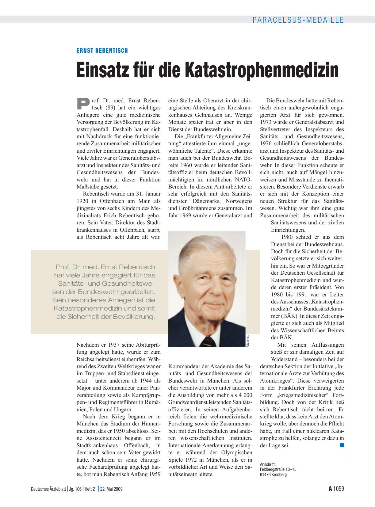 Vorschauseite 1: Ernst Rebentisch: Einsatz für die Katastrophenmedizin