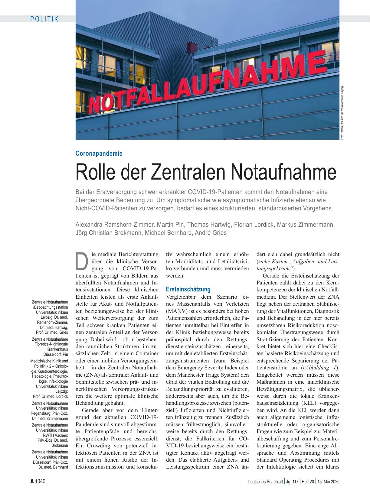 Vorschauseite 1: Coronapandemie: Rolle der Zentralen Notaufnahme