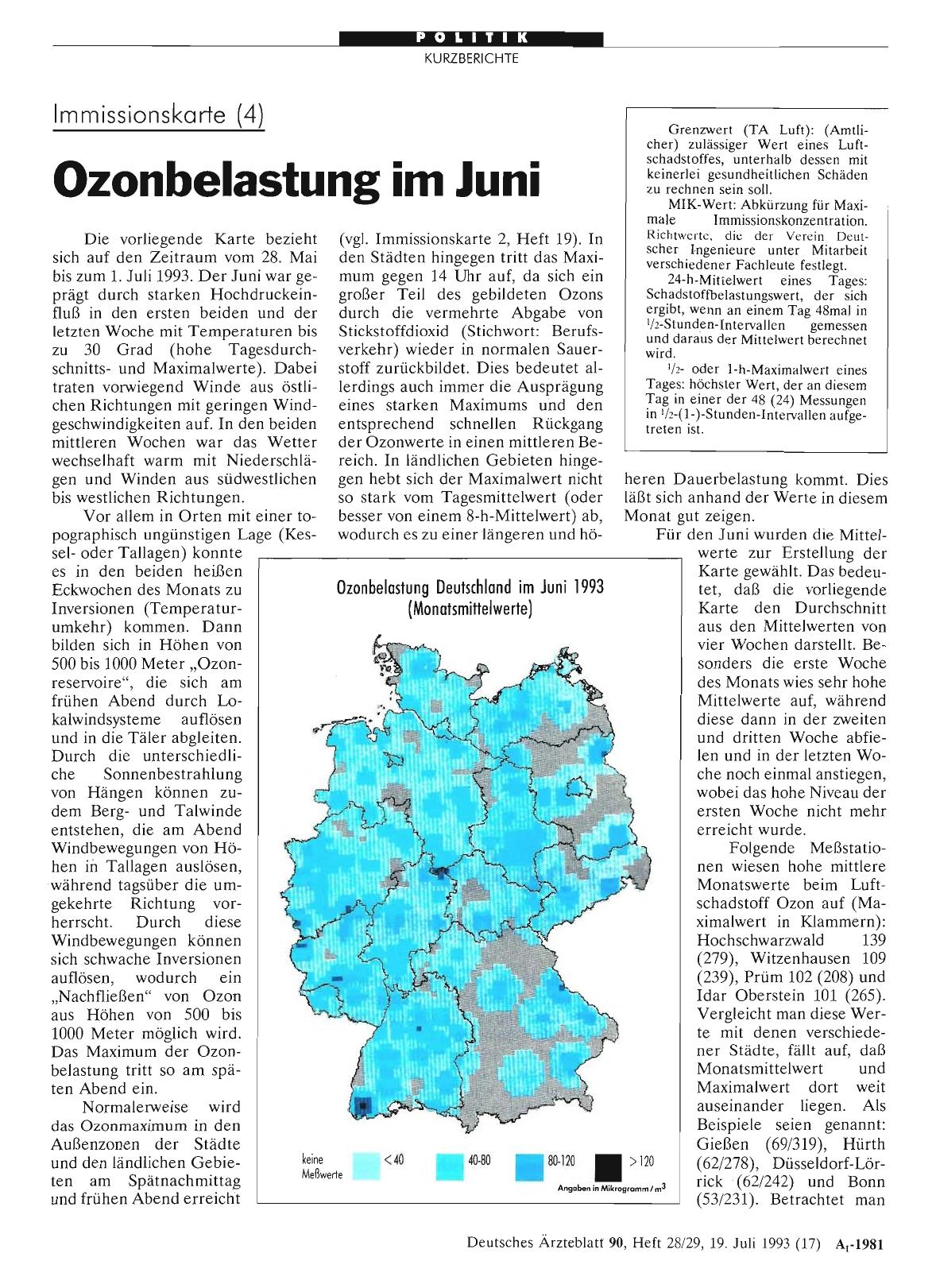 Vorschauseite 1: Immissionskarte (4): Ozonbelastung im Juni