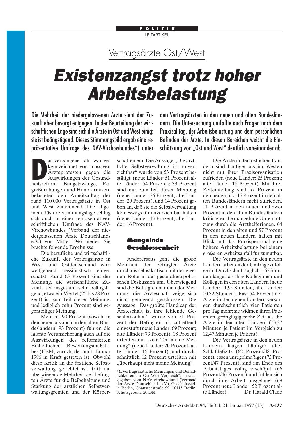 Vorschauseite 1: Vertragsärzte Ost/West: Existenzangst trotz hoher Arbeitsbelastung