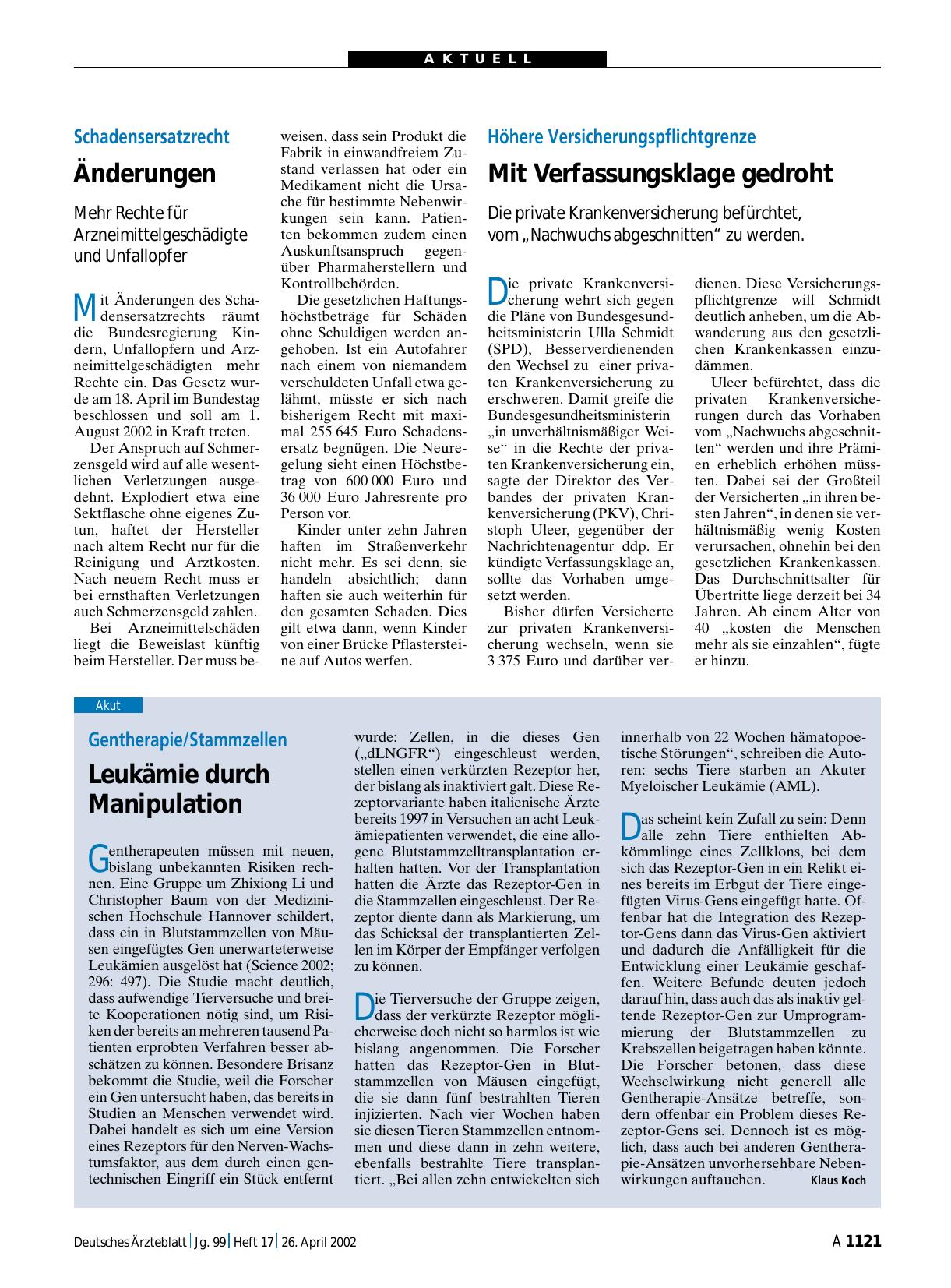 Vorschauseite 1: Gentherapie/Stammzellen: Leukämie durch Manipulation