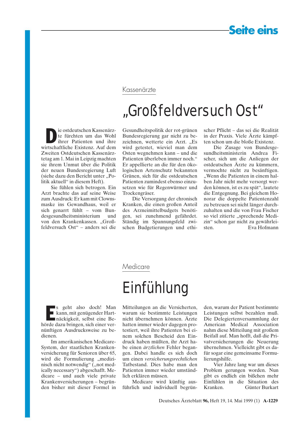 Vorschauseite 1: Kassenärzte: „Großfeldversuch Ost“