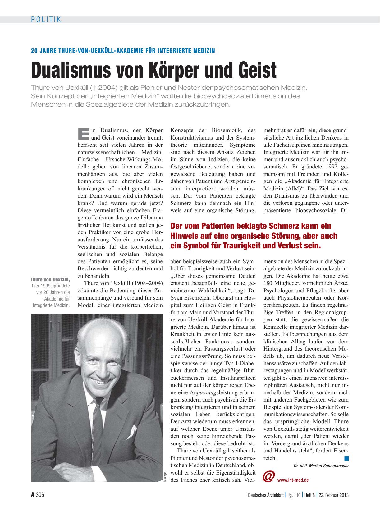 Vorschauseite 1: 20 Jahre Thure-von-Uexküll-Akademie für Integrierte Medizin: Dualismus von Körper und Geist