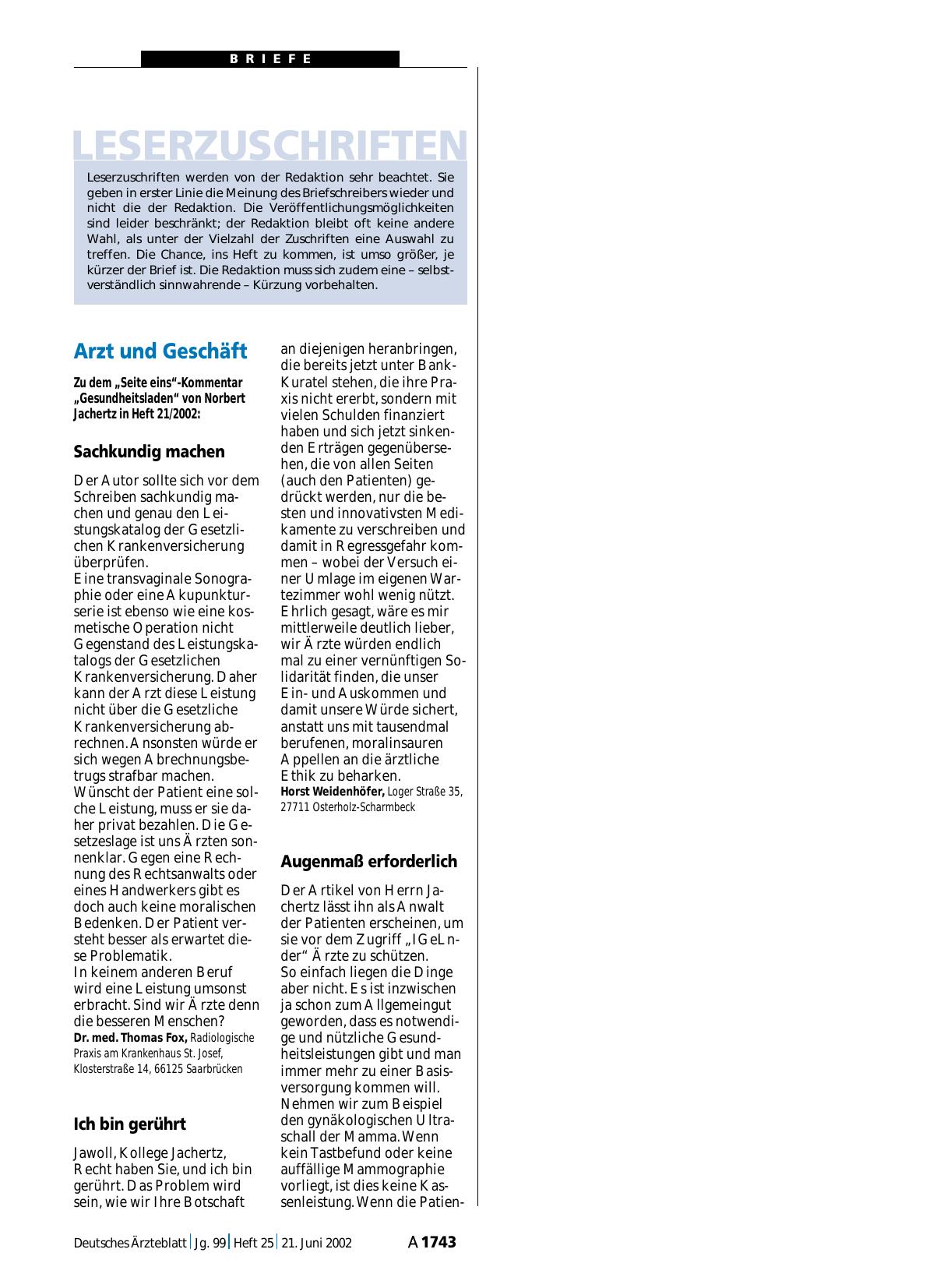 Vorschauseite 1: Arzt und Geschäft: Ich bin gerührt