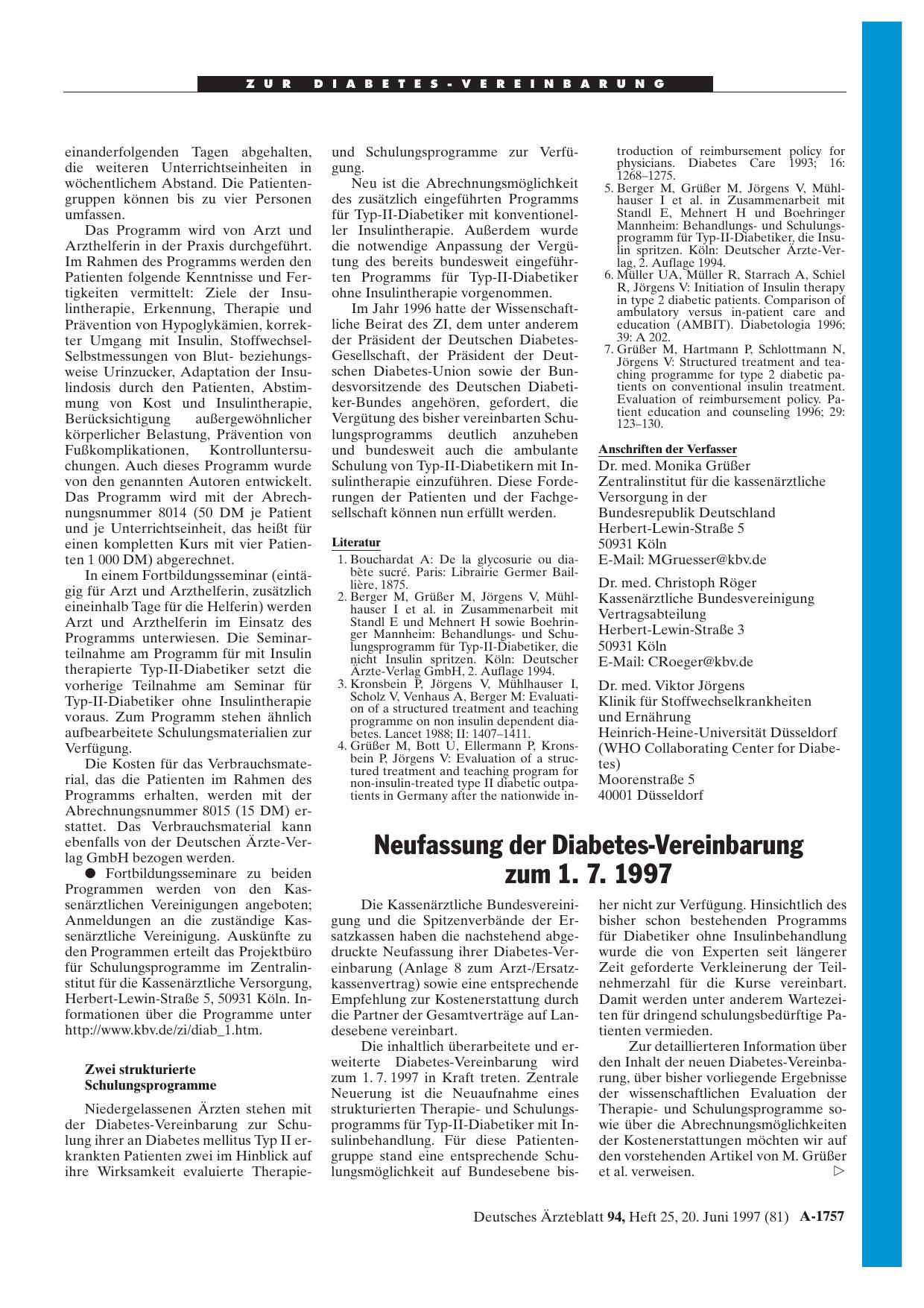 Vorschauseite 1: Neufassung der Diabetes-Vereinbarung zum 1. 7. 1997