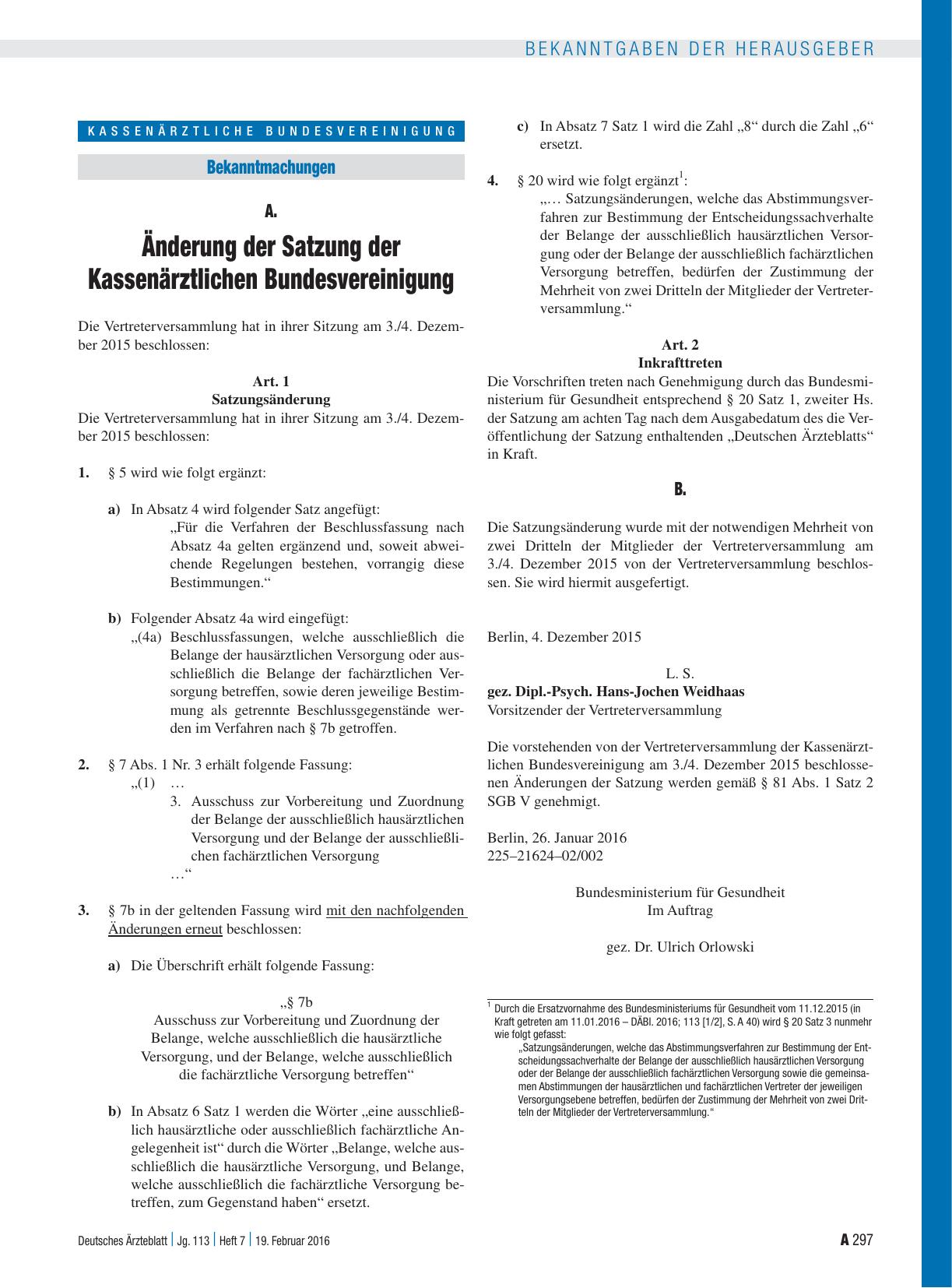 Vorschauseite 1: Änderung der Satzung der Kassenärztlichen Bundesvereinigung